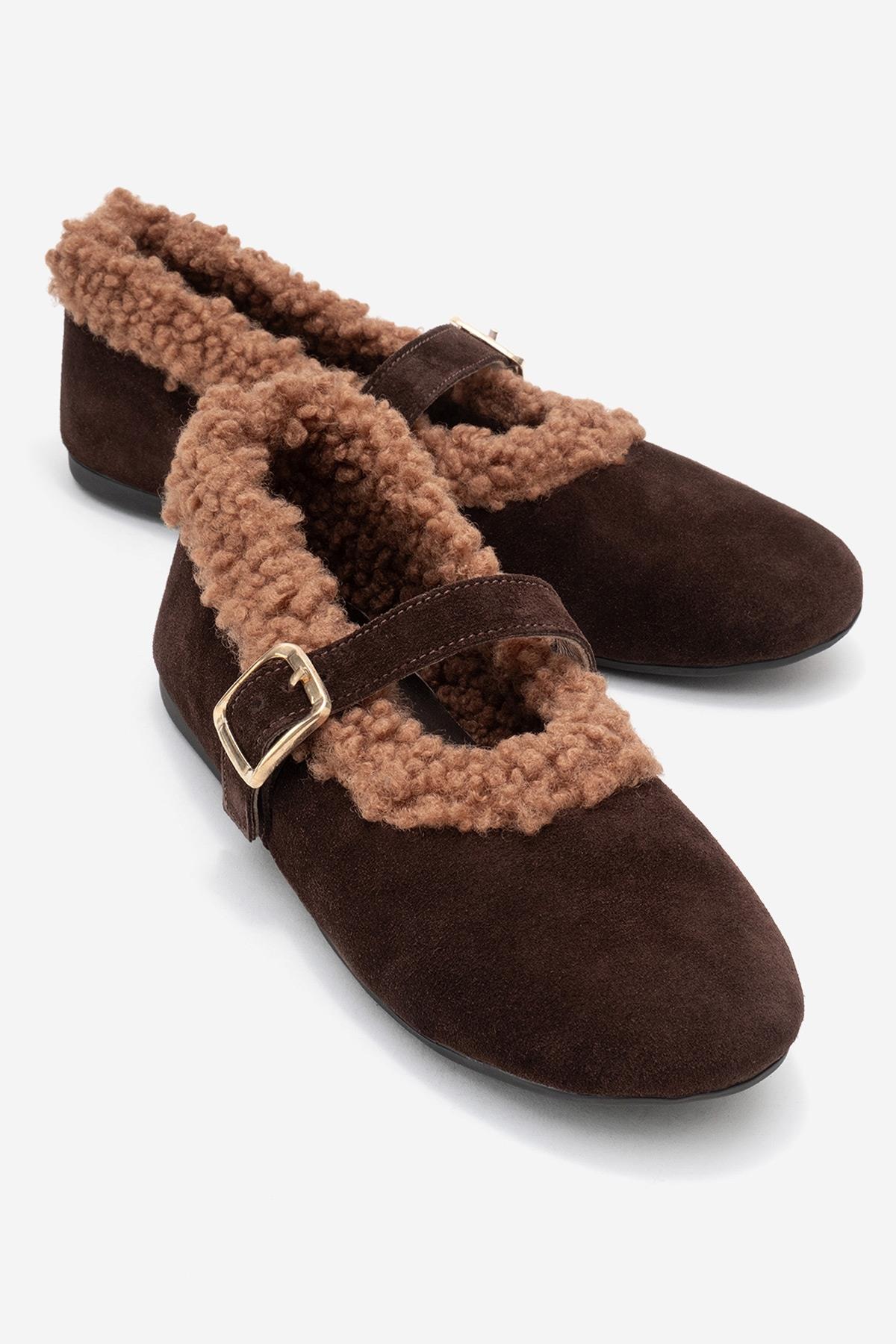 Guin - Brown Suede Genuine Leather Buckle Ballet Flat (Women)