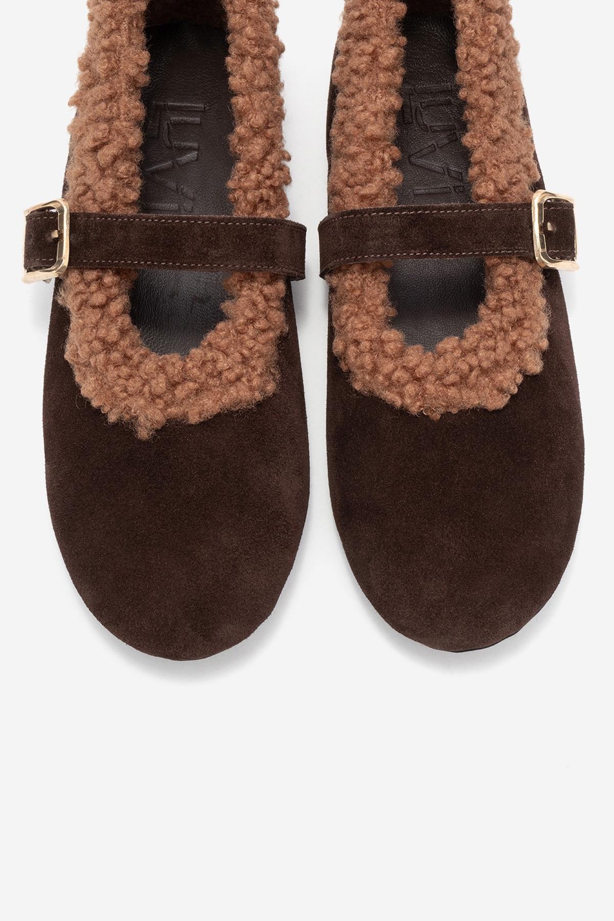 Guin - Brown Suede Genuine Leather Buckle Ballet Flat (Women)