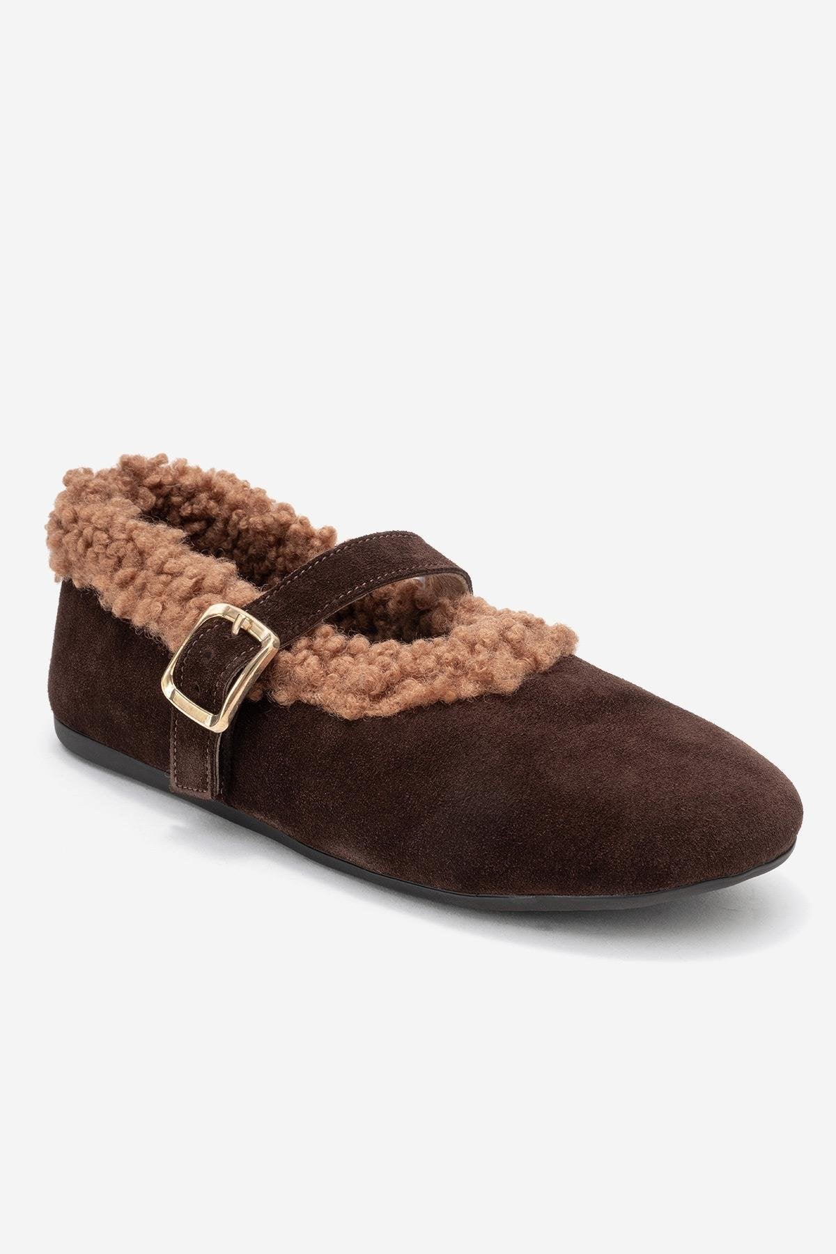 Guin - Brown Suede Genuine Leather Buckle Ballet Flat (Women)