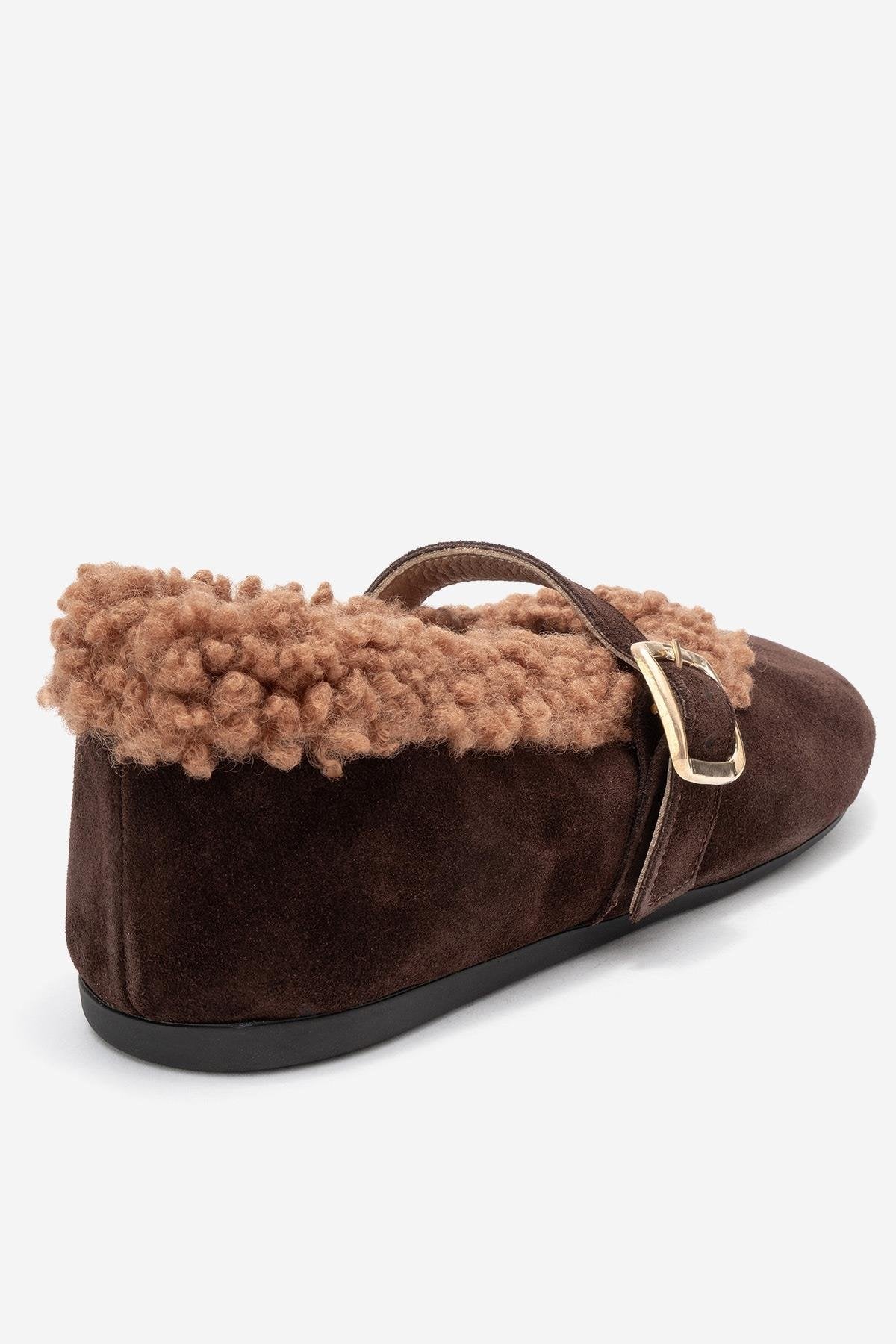 Guin - Brown Suede Genuine Leather Buckle Ballet Flat (Women)