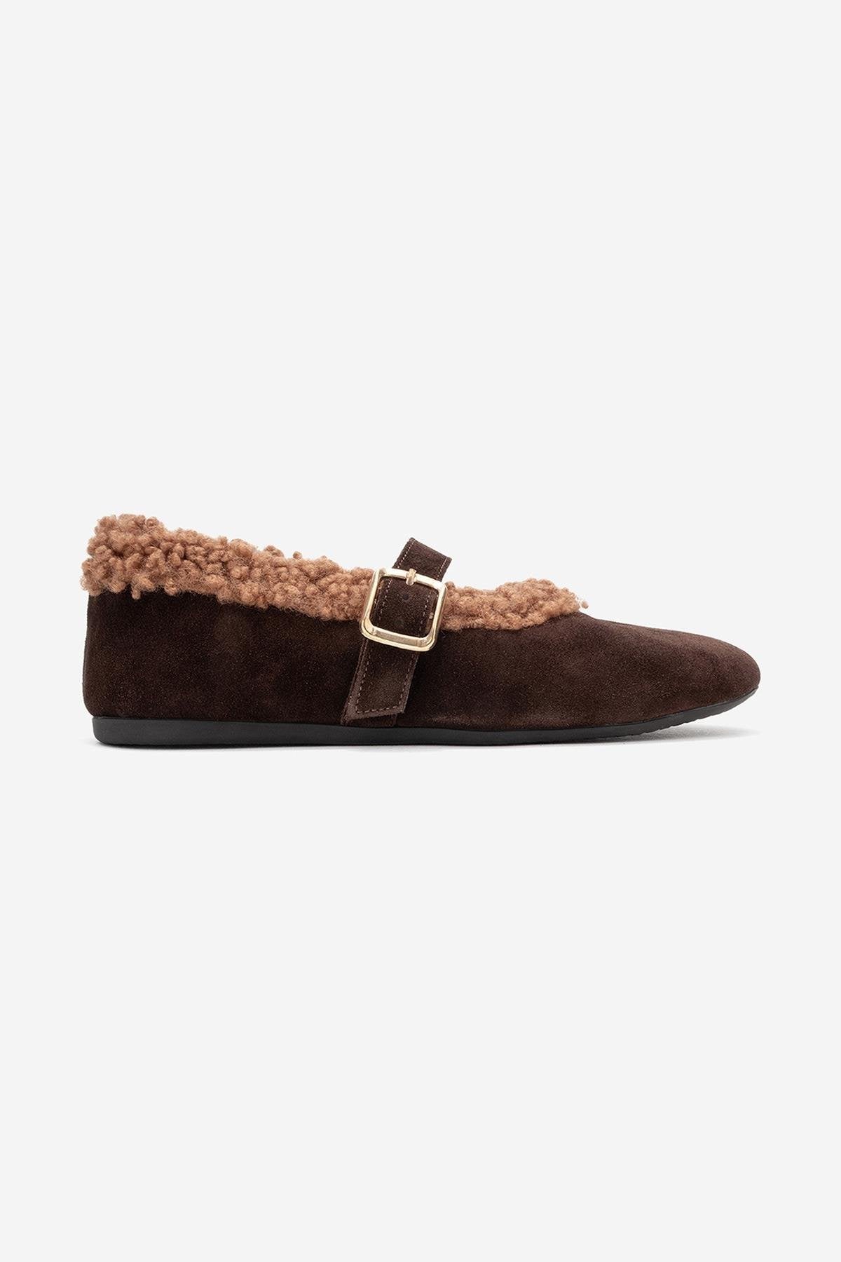 Guin - Brown Suede Genuine Leather Buckle Ballet Flat (Women)