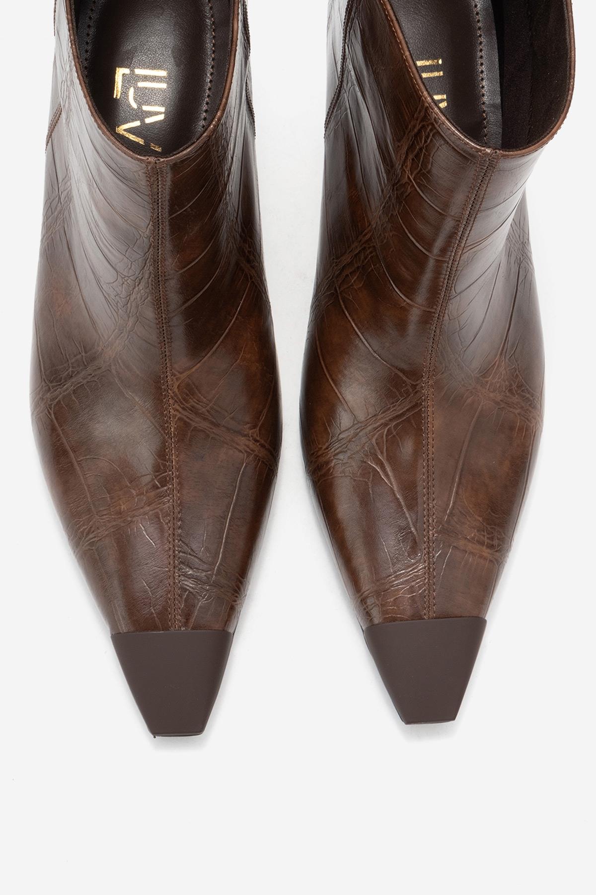 Rassel - Brown Croc-Print Pointed Toe Slim Heel Boot (Women)
