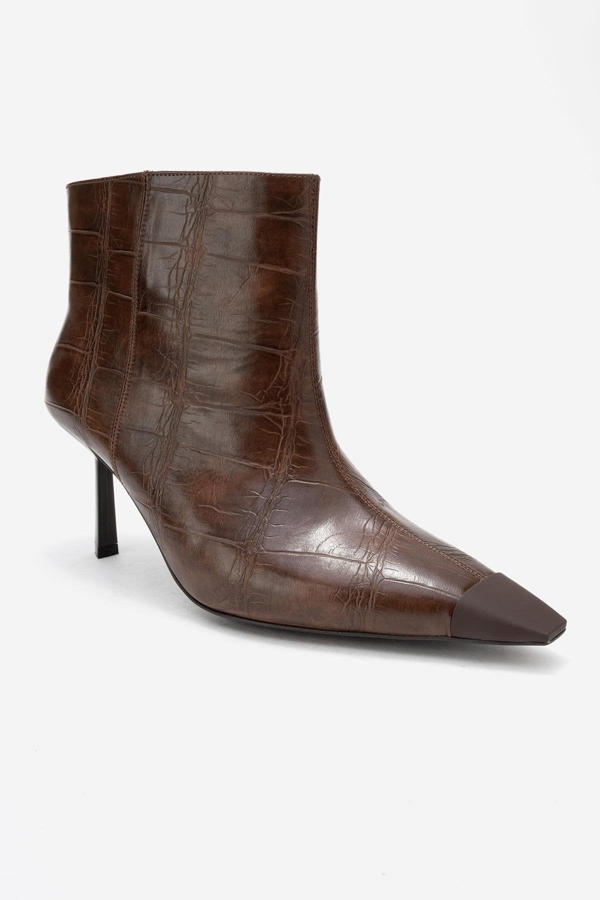 Rassel - Brown Croc-Print Pointed Toe Slim Heel Boot (Women)