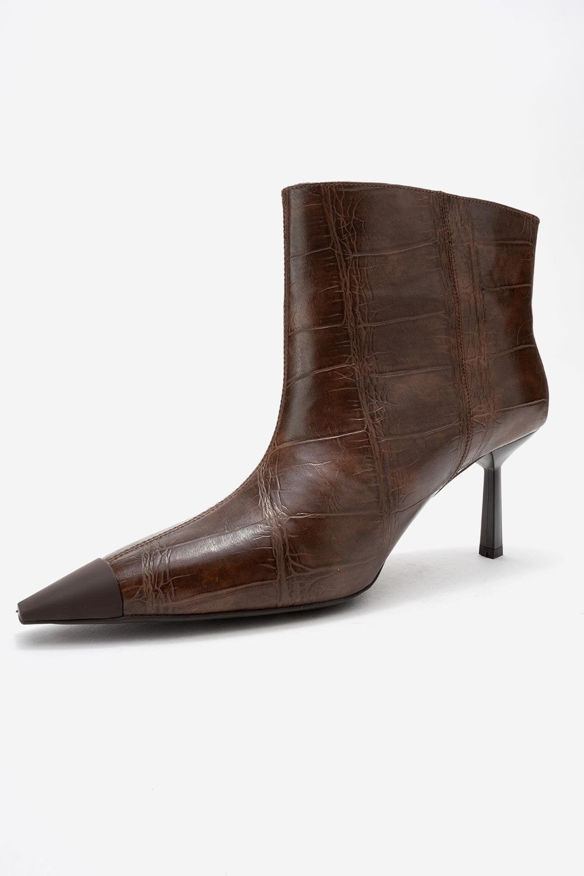 Rassel - Brown Croc-Print Pointed Toe Slim Heel Boot (Women)