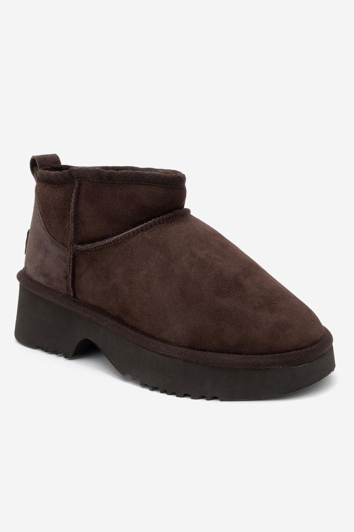 Ary - Brown Suede Fur-Lined Genuine Leather Platform Ankle Boot (Women)
