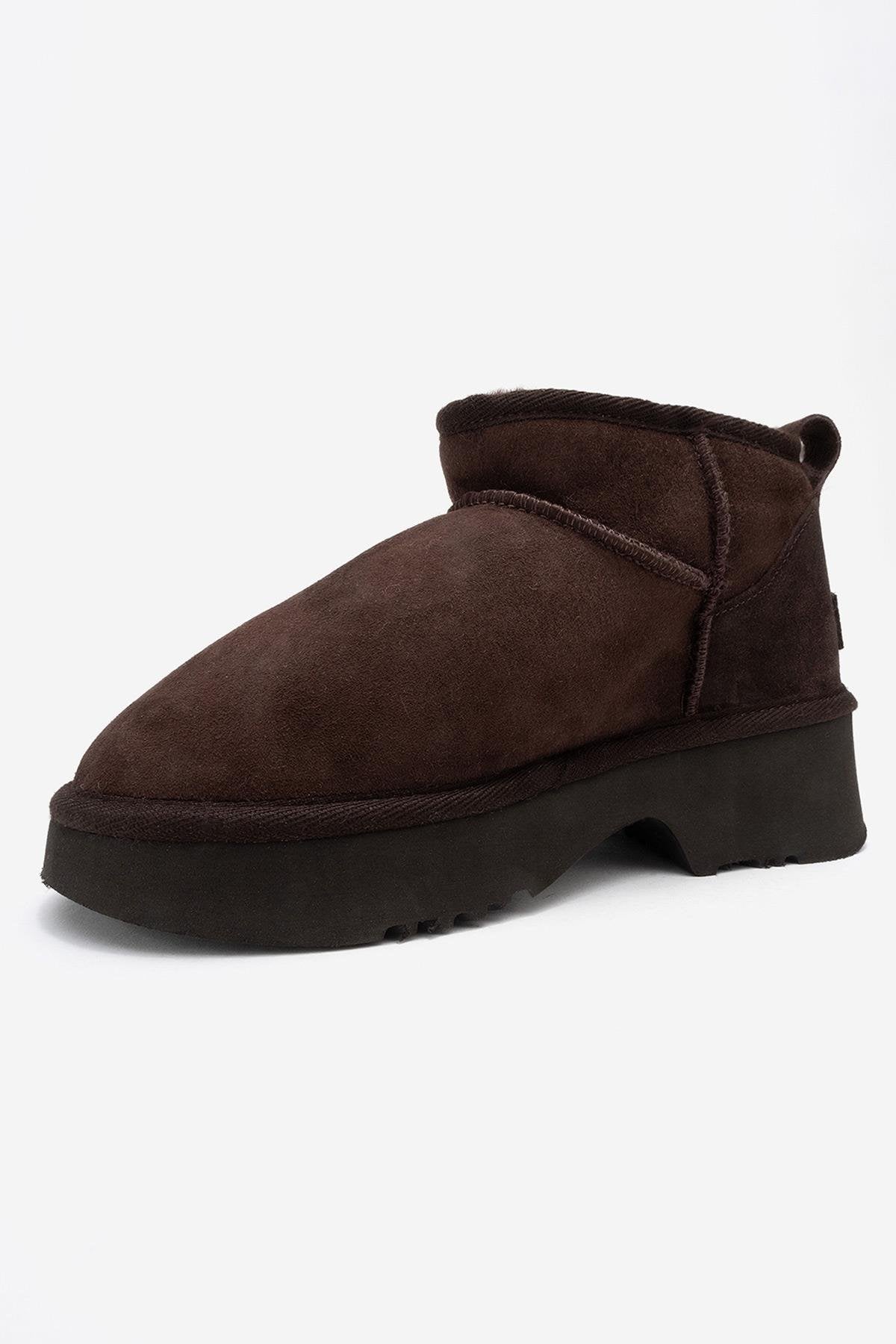 Ary - Brown Suede Fur-Lined Genuine Leather Platform Ankle Boot (Women)