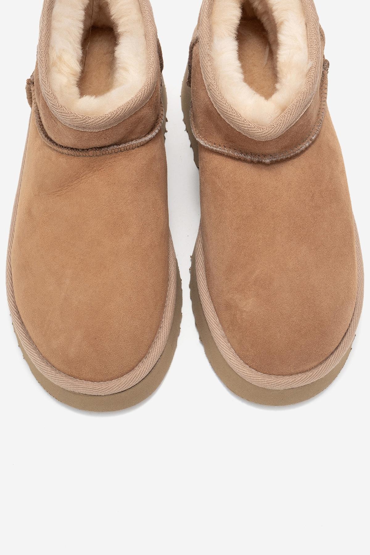 Ary - Tan Suede Fur-Lined Genuine Leather Platform Ankle Boot (Women)