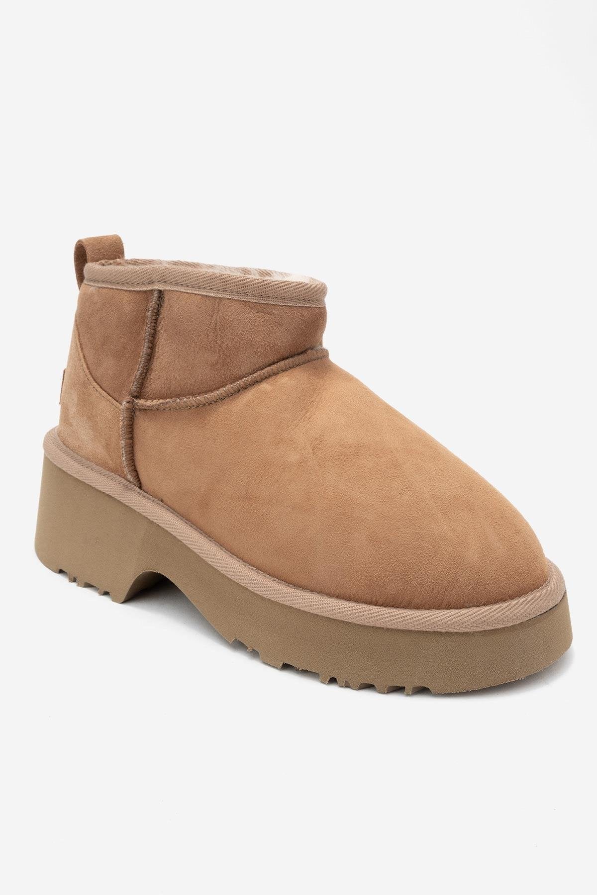 Ary - Tan Suede Fur-Lined Genuine Leather Platform Ankle Boot (Women)