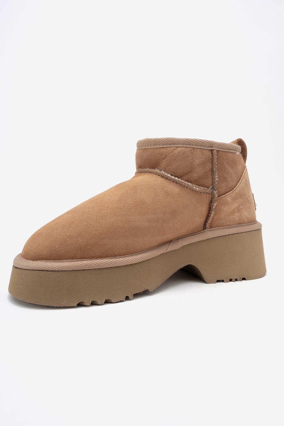 Ary - Tan Suede Fur-Lined Genuine Leather Platform Ankle Boot (Women)