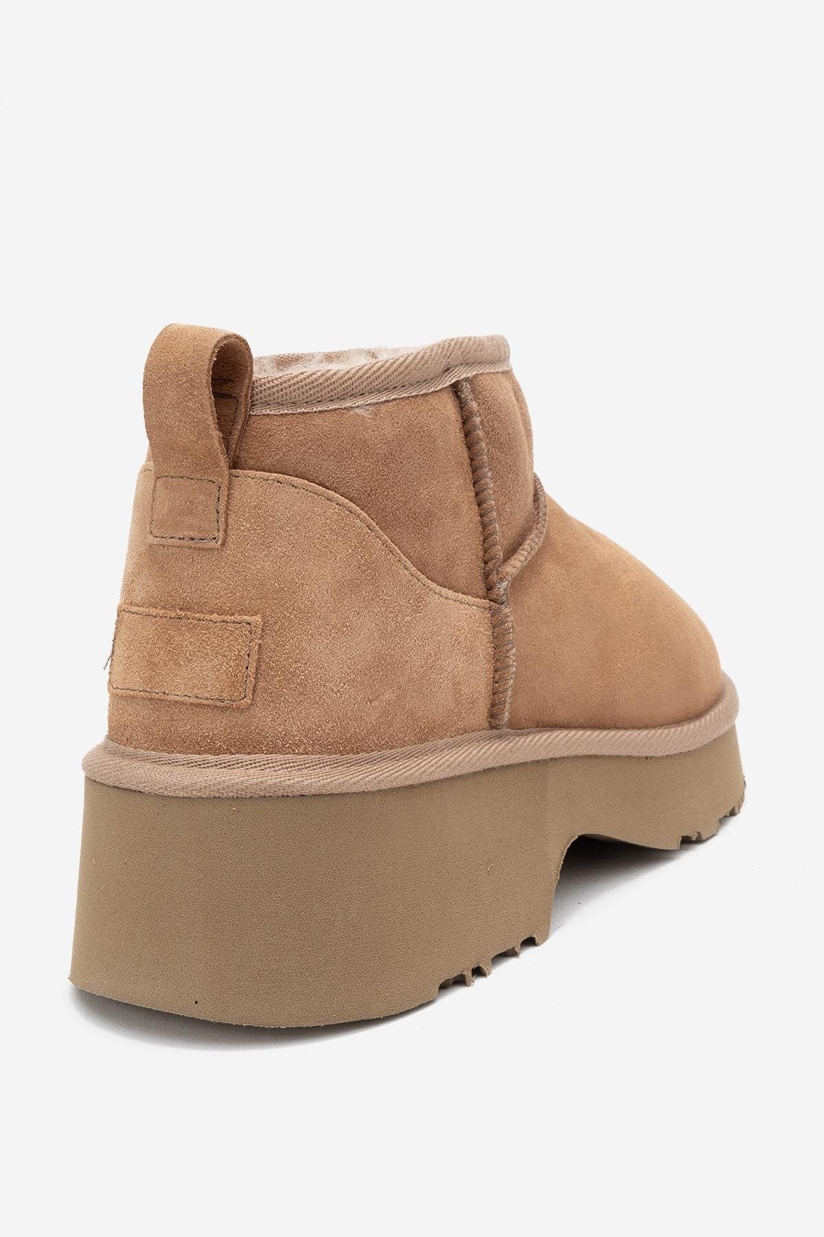 Ary - Tan Suede Fur-Lined Genuine Leather Platform Ankle Boot (Women)