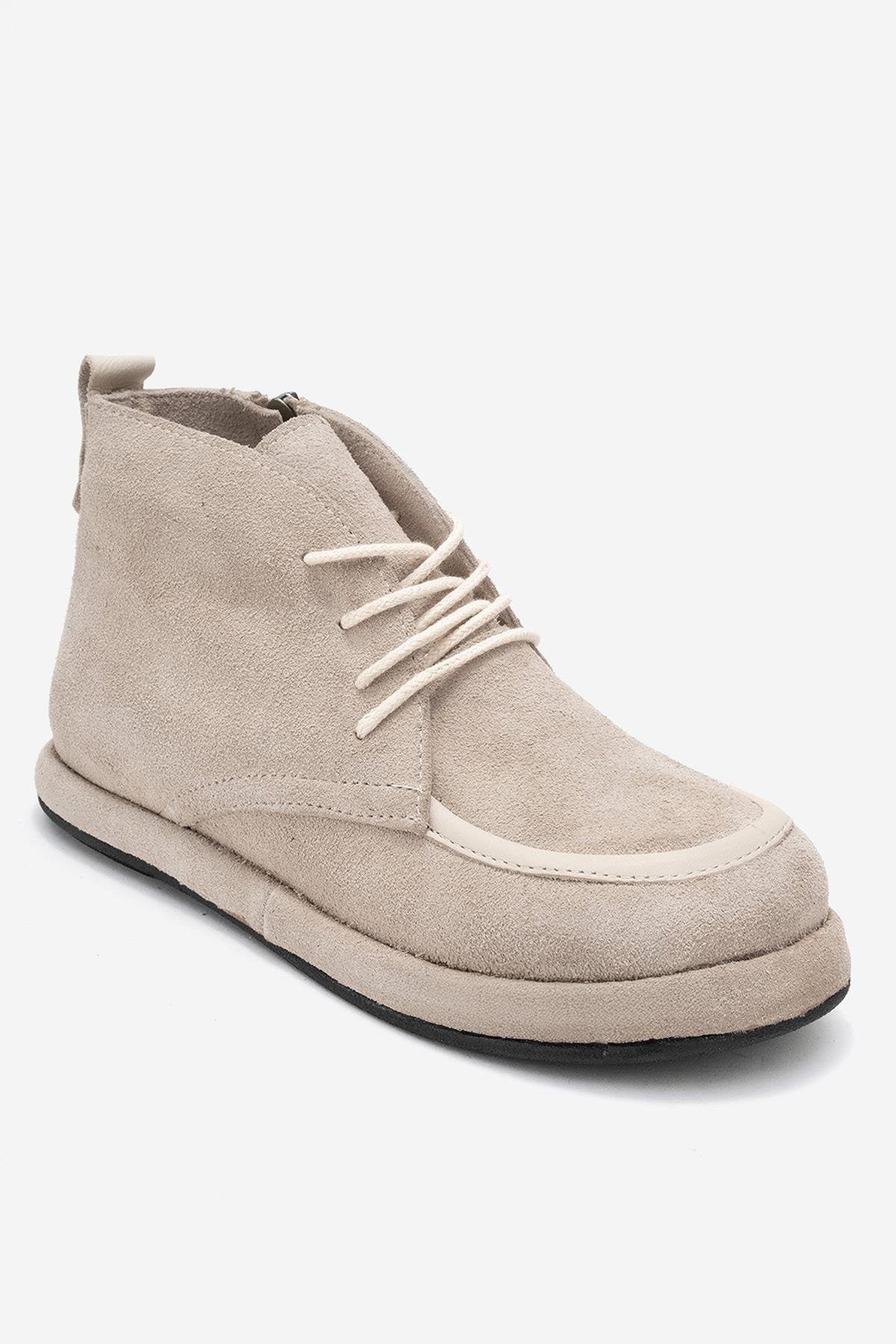 Martas - Beige Suede Genuine Leather Lace-Up Zip Ankle Boot (Women)