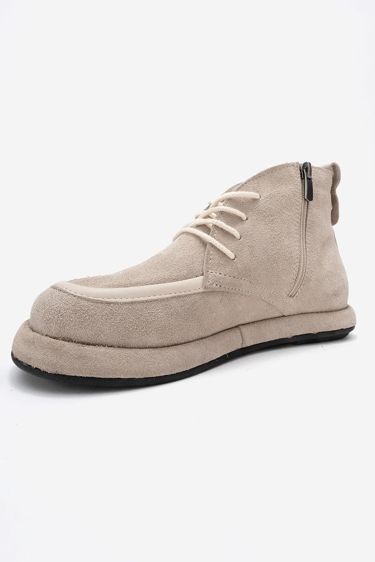 Martas - Beige Suede Genuine Leather Lace-Up Zip Ankle Boot (Women)