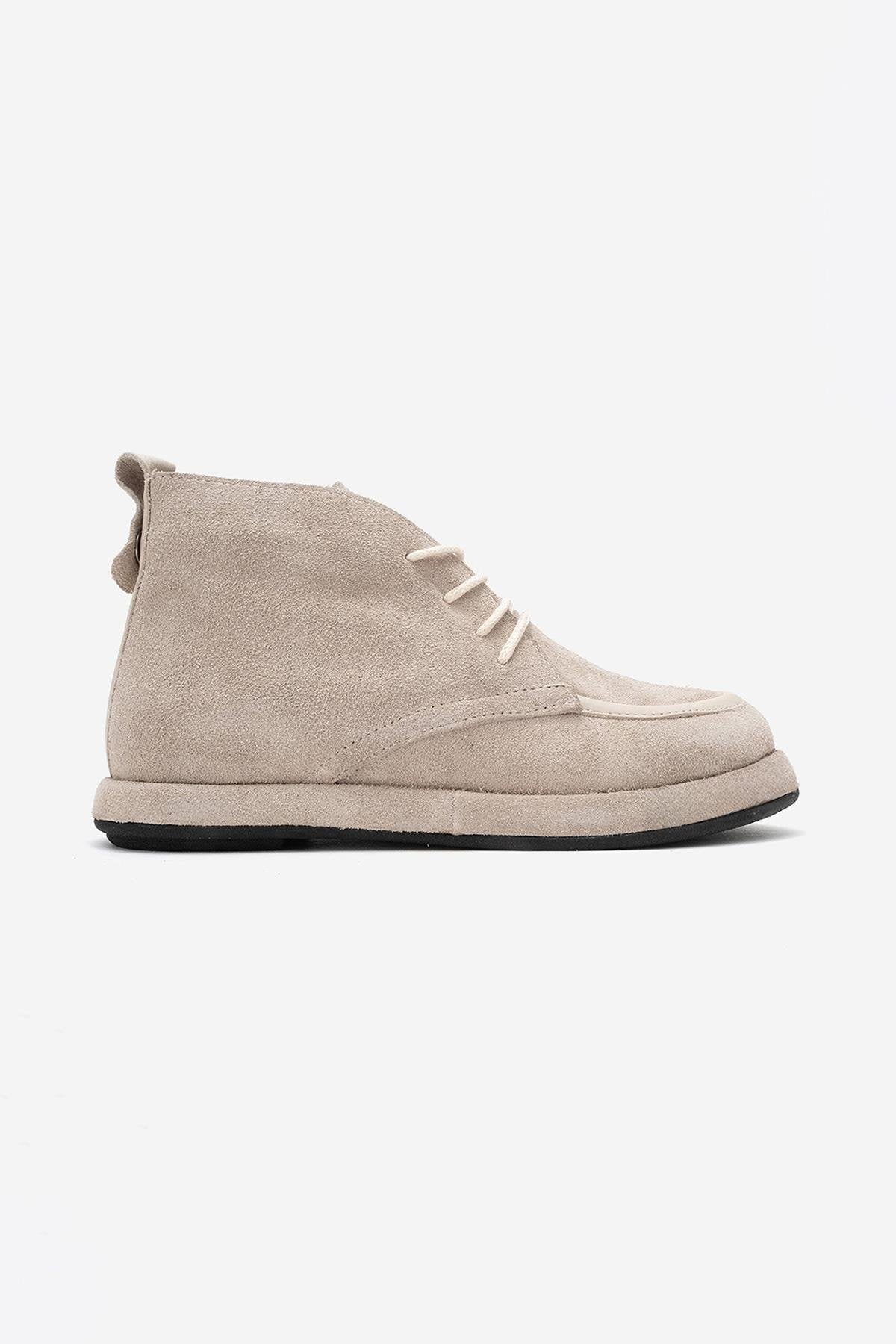 Martas - Beige Suede Genuine Leather Lace-Up Zip Ankle Boot (Women)