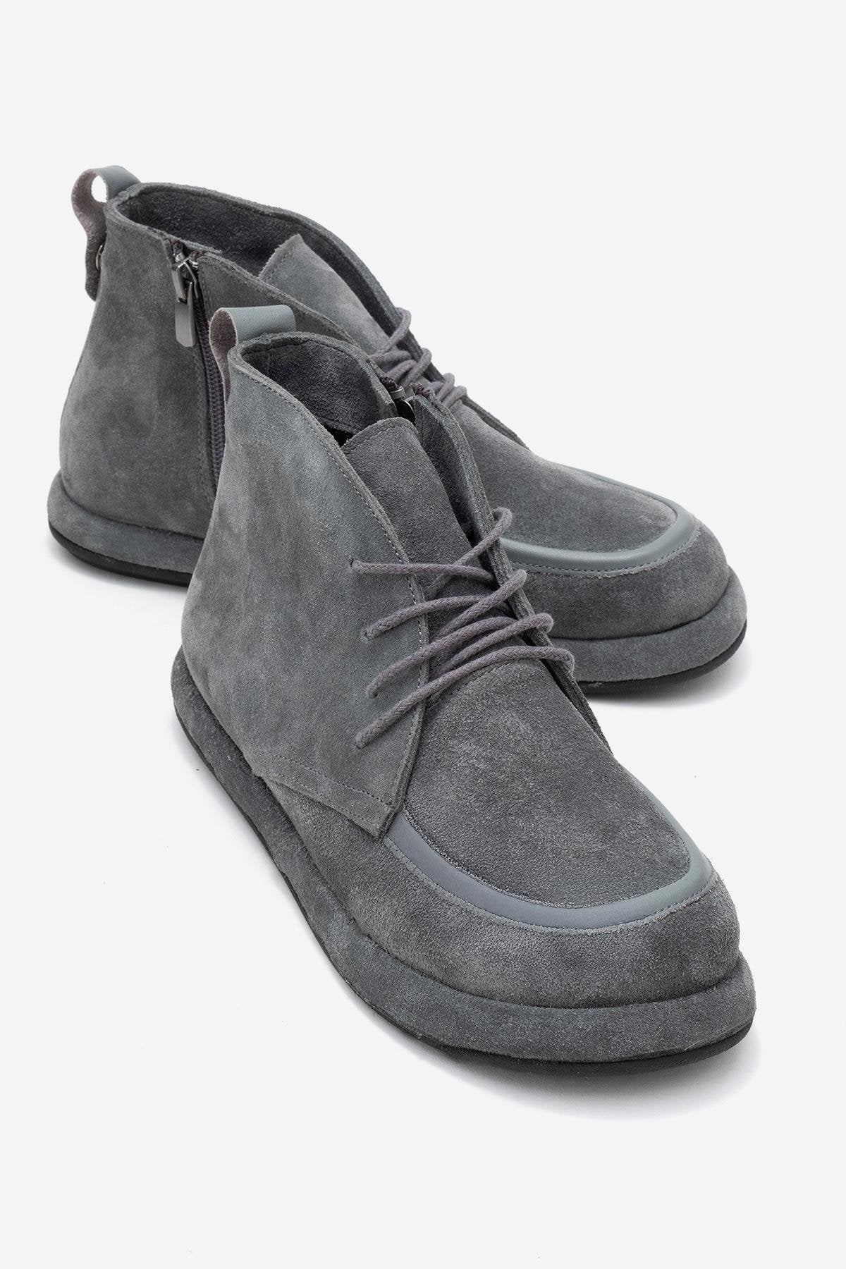 Martas - Grey Suede Genuine Leather Lace-Up Zip Ankle Boot (Women)
