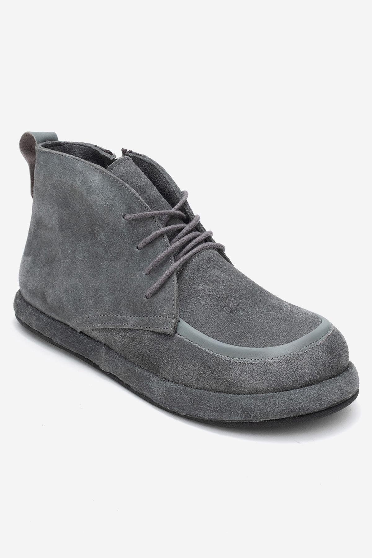 Martas - Grey Suede Genuine Leather Lace-Up Zip Ankle Boot (Women)