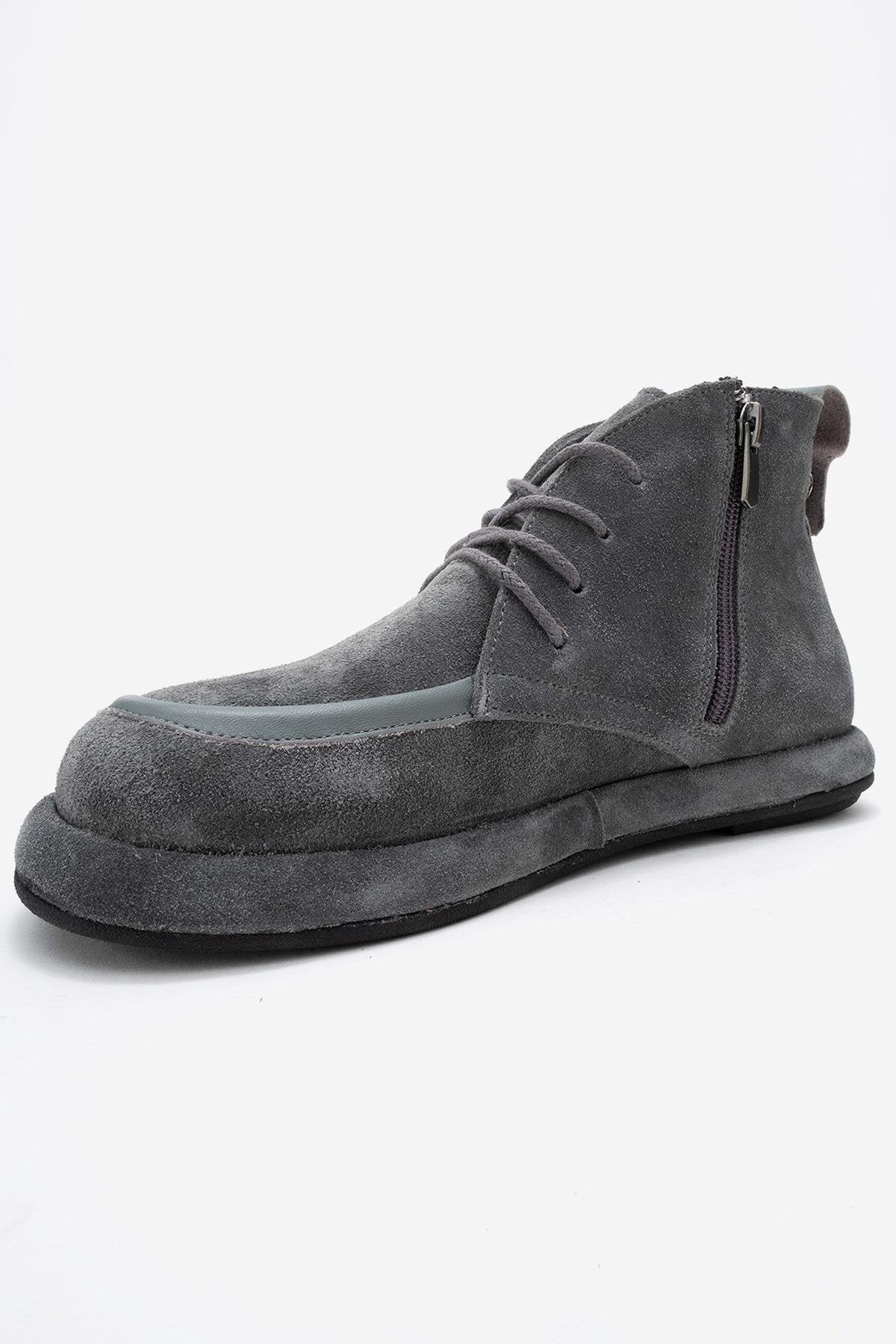 Martas - Grey Suede Genuine Leather Lace-Up Zip Ankle Boot (Women)