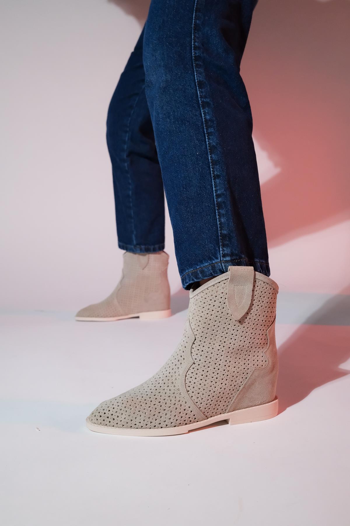 Loivos - Beige Genuine Leather Perforated Hidden Heel Summer Boot (Women)