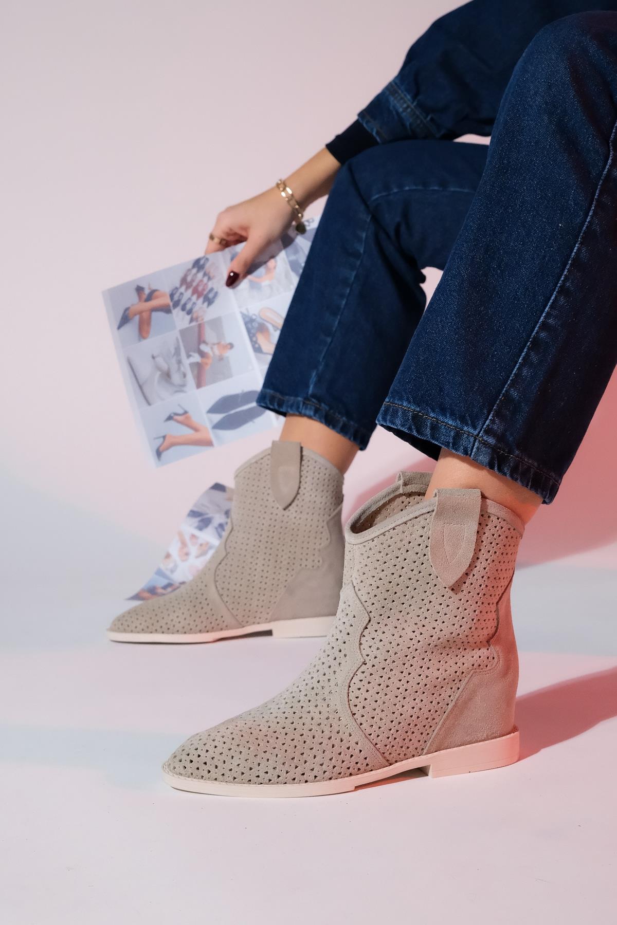 Loivos - Beige Genuine Leather Perforated Hidden Heel Summer Boot (Women)