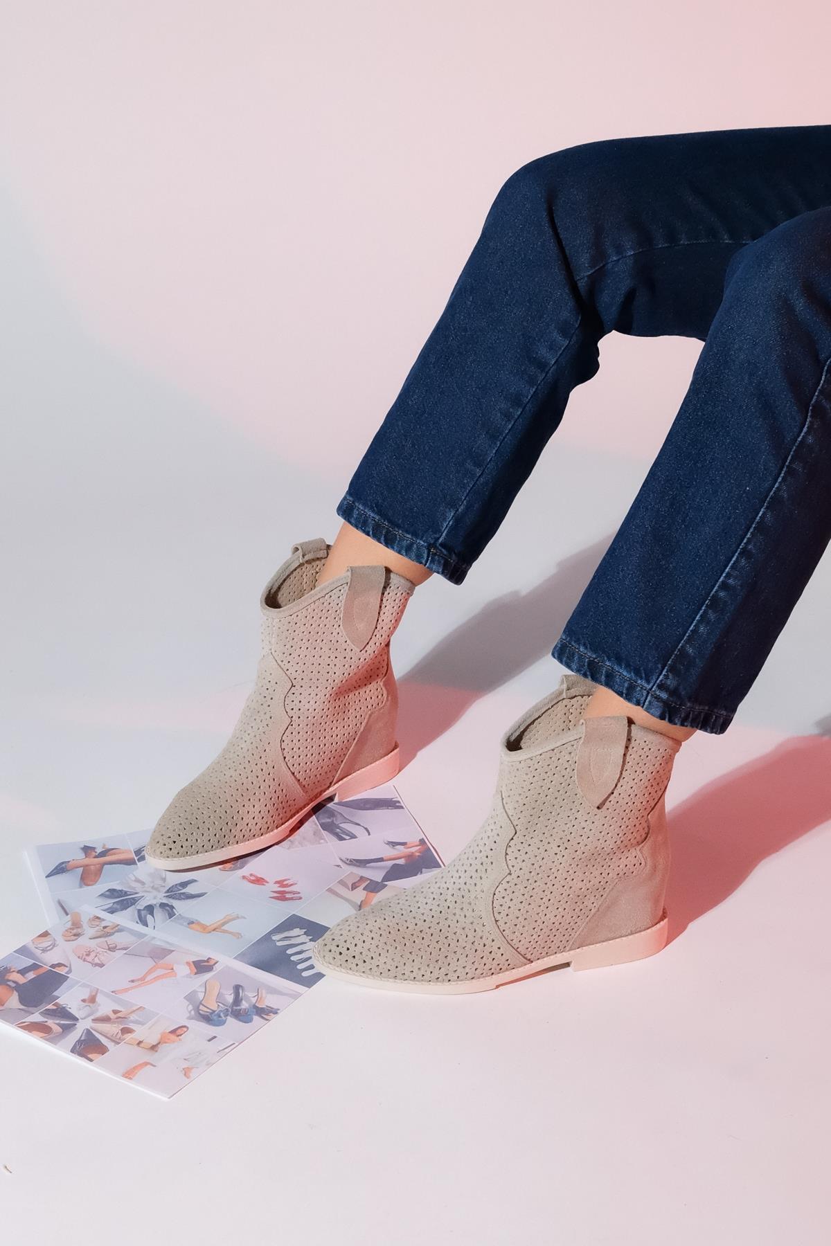 Loivos - Beige Genuine Leather Perforated Hidden Heel Summer Boot (Women)