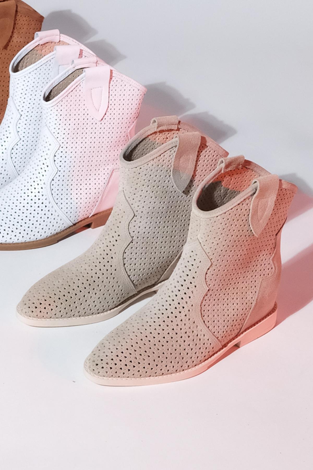 Loivos - Beige Genuine Leather Perforated Hidden Heel Summer Boot (Women)