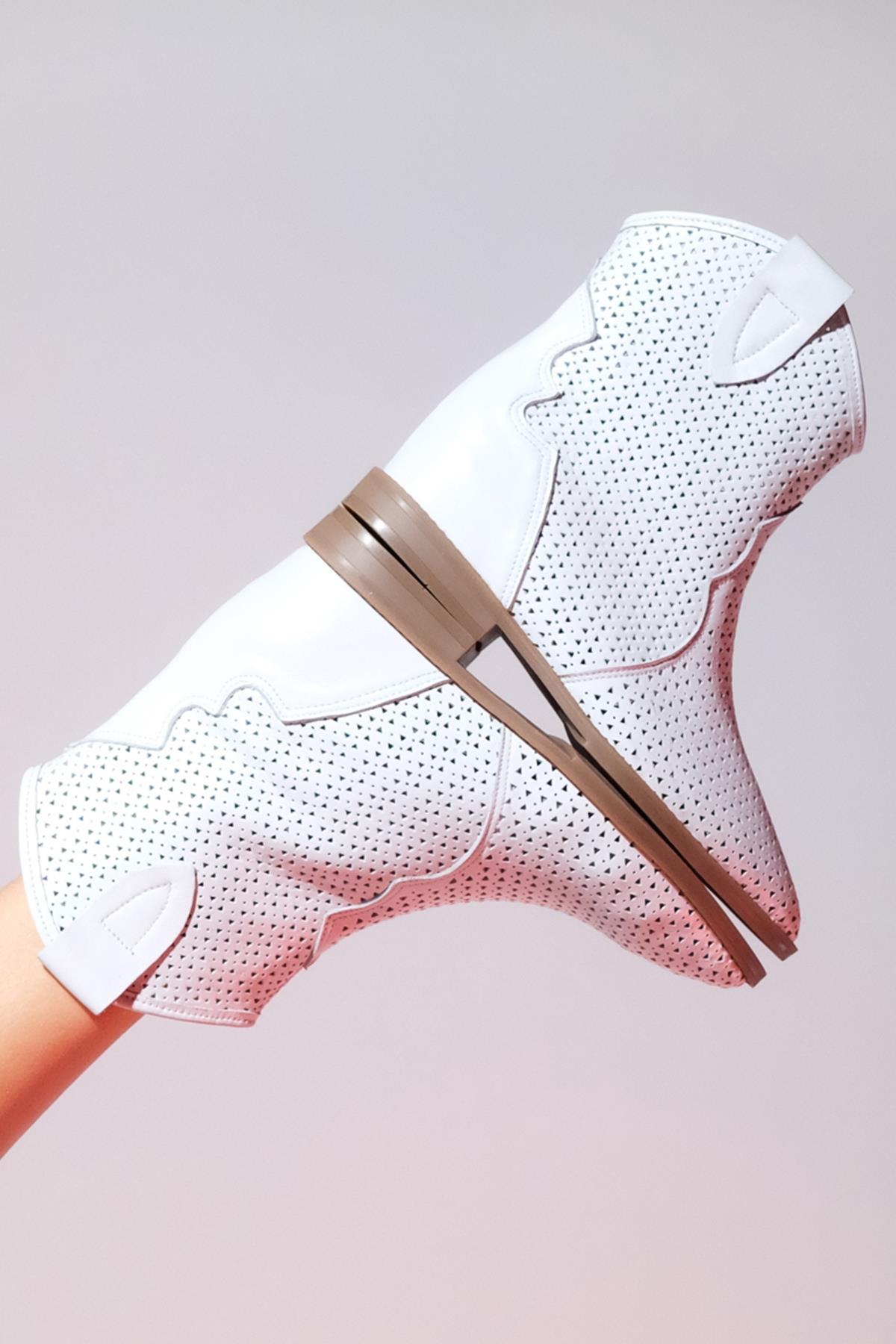 Loivos - White Genuine Leather Perforated Hidden Wedge Summer Ankle Boot (Women)