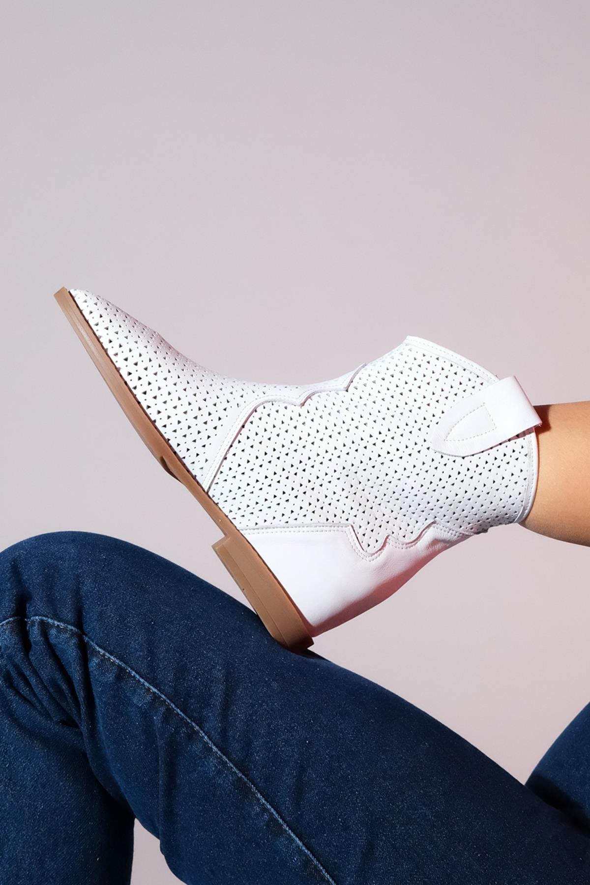 Loivos - White Genuine Leather Perforated Hidden Wedge Summer Ankle Boot (Women)