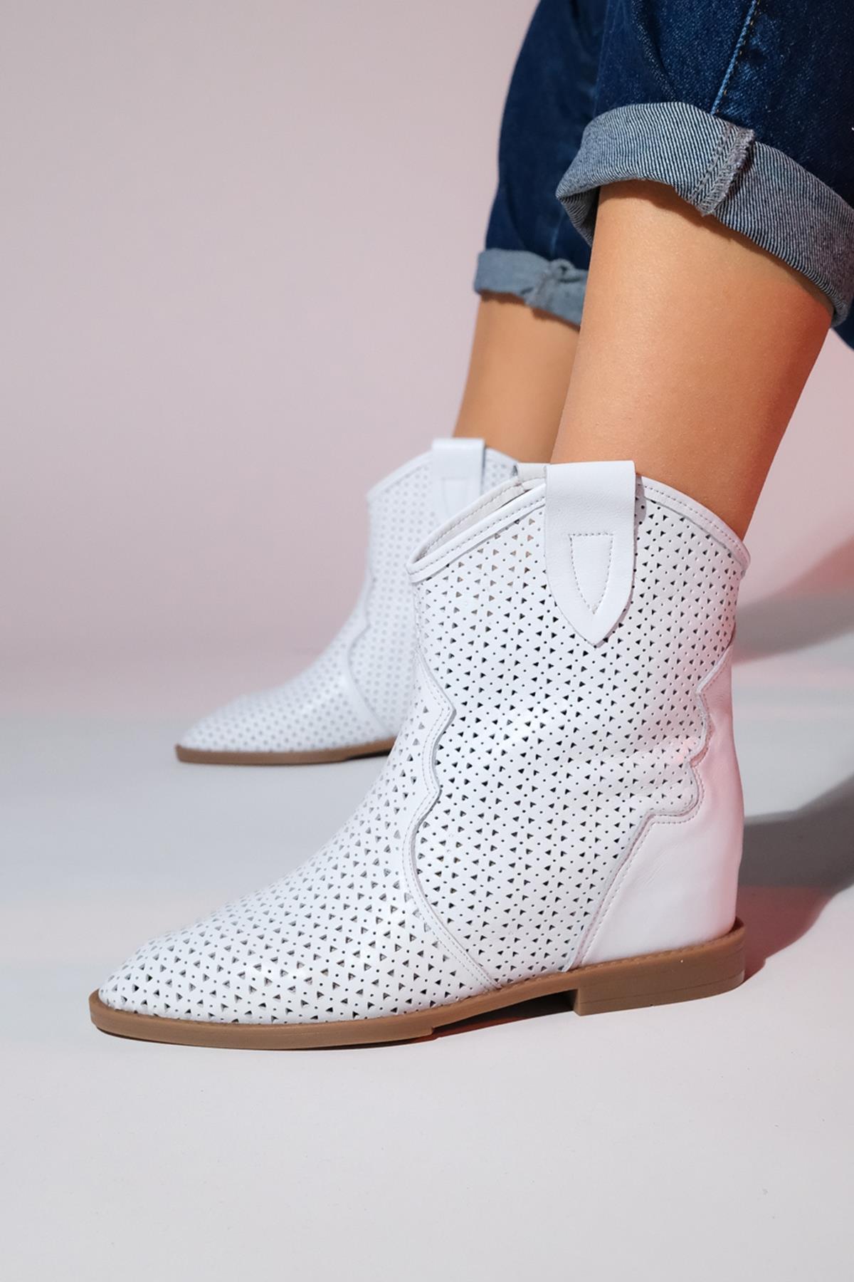 Loivos - White Genuine Leather Perforated Hidden Wedge Summer Ankle Boot (Women)