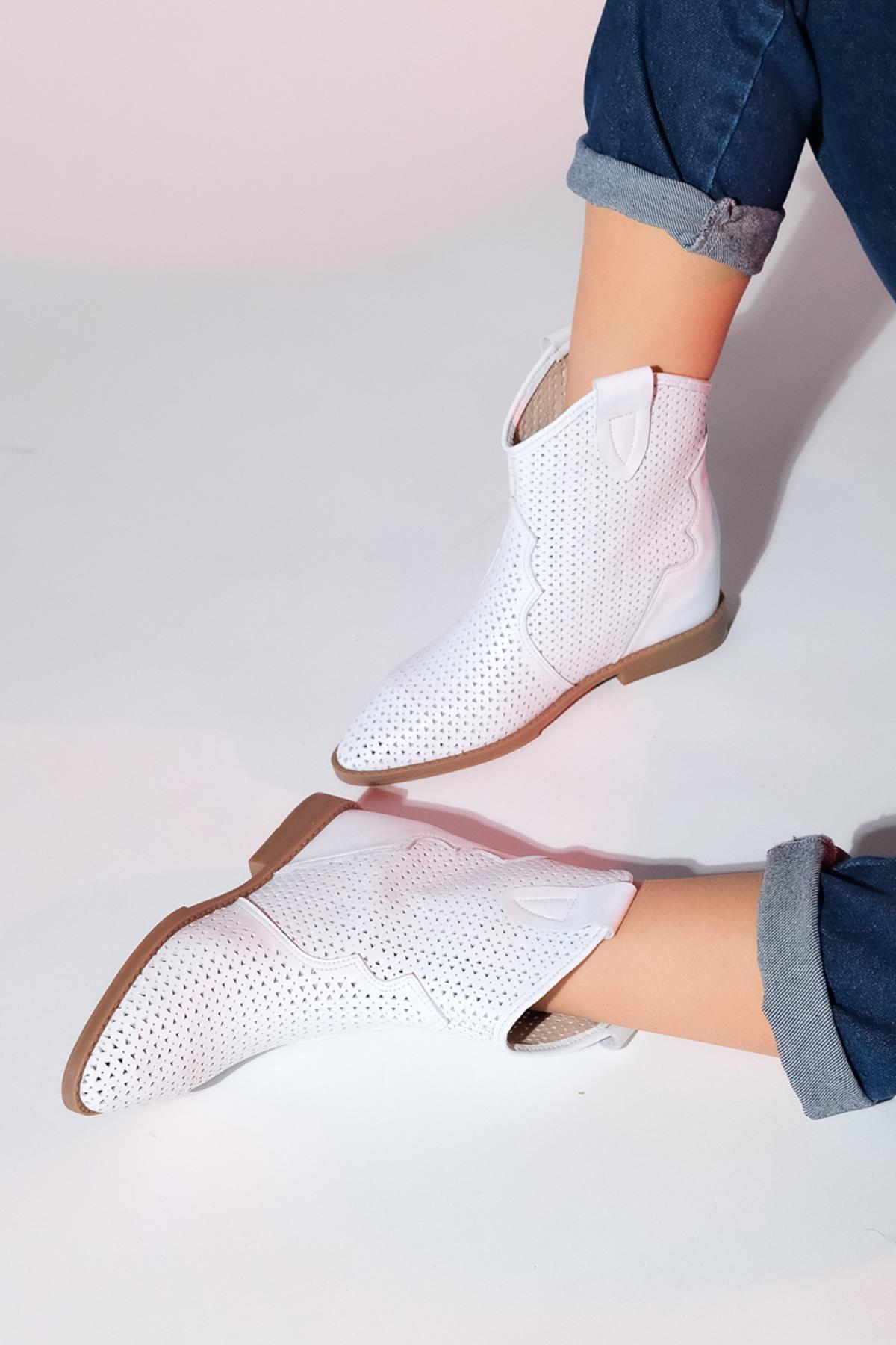 Loivos - White Genuine Leather Perforated Hidden Wedge Summer Ankle Boot (Women)