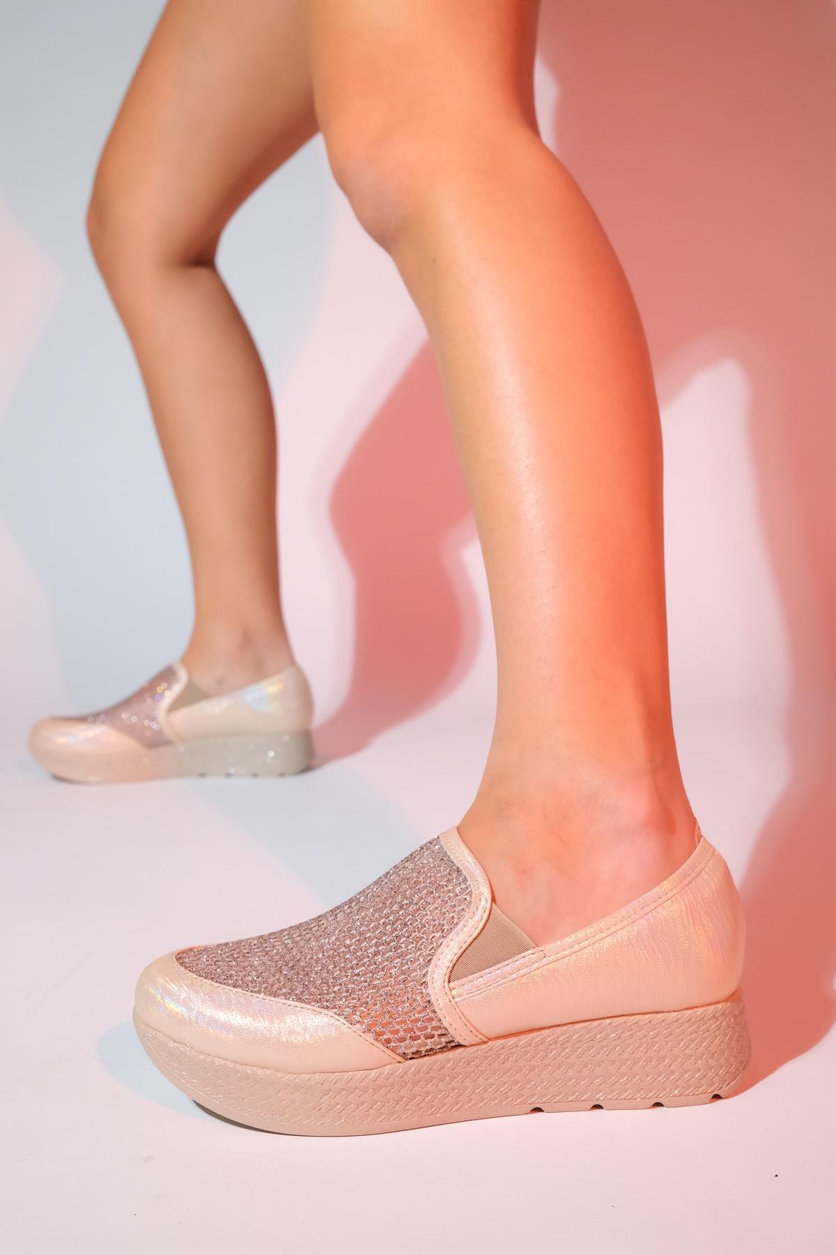 Purcan - Beige Glitter Mesh Chunky Sole Casual Shoe (Women)