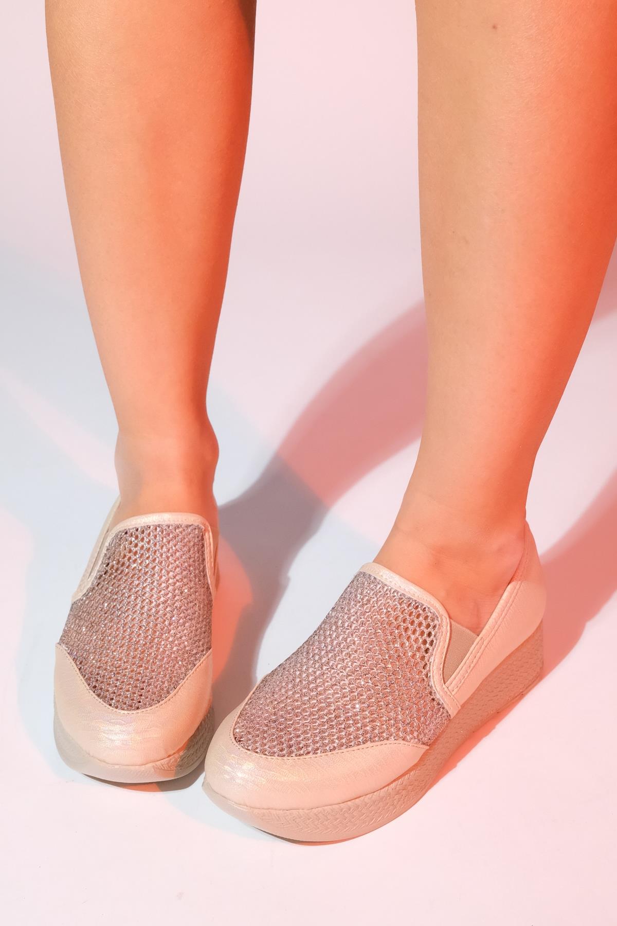 Purcan - Beige Glitter Mesh Chunky Sole Casual Shoe (Women)