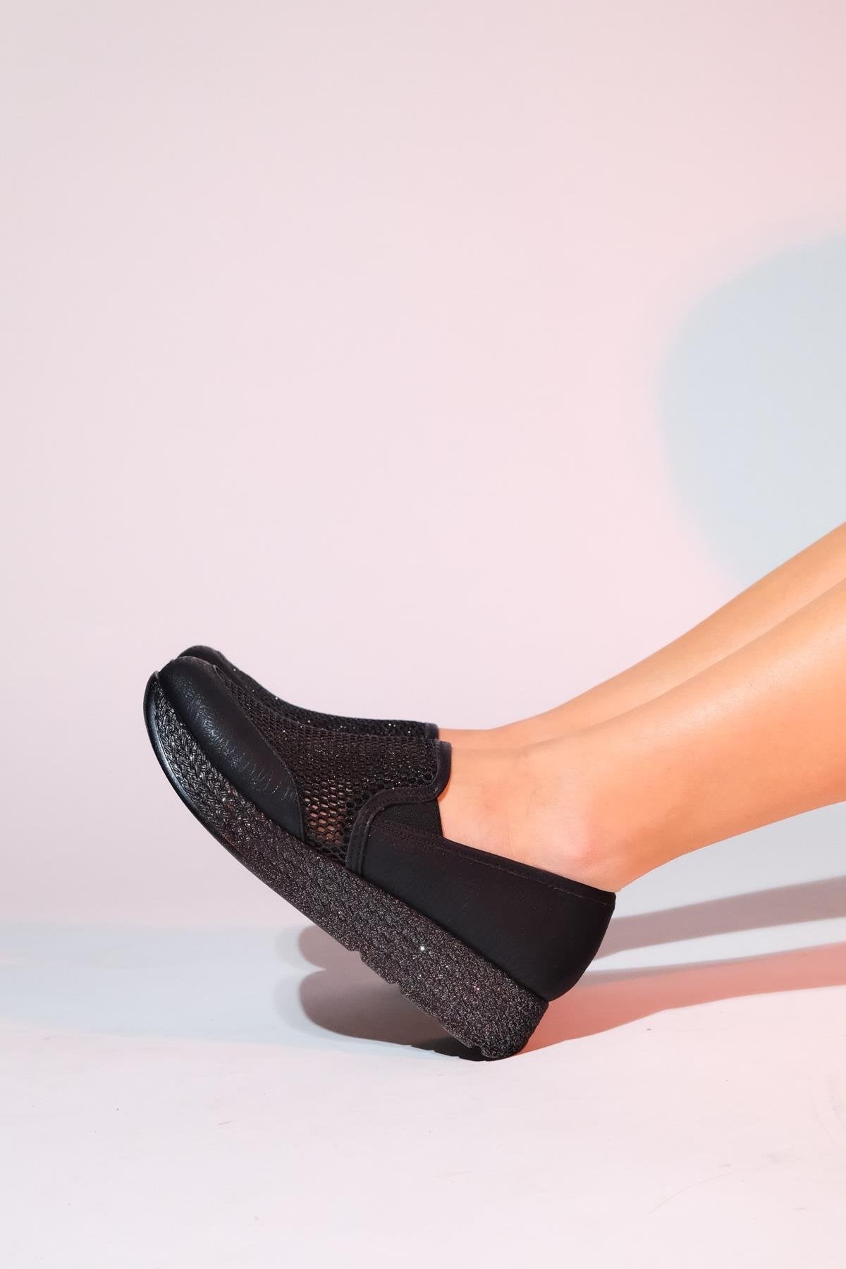 Purcan - Black Glitter Mesh Chunky Sole Casual Shoe (Women)