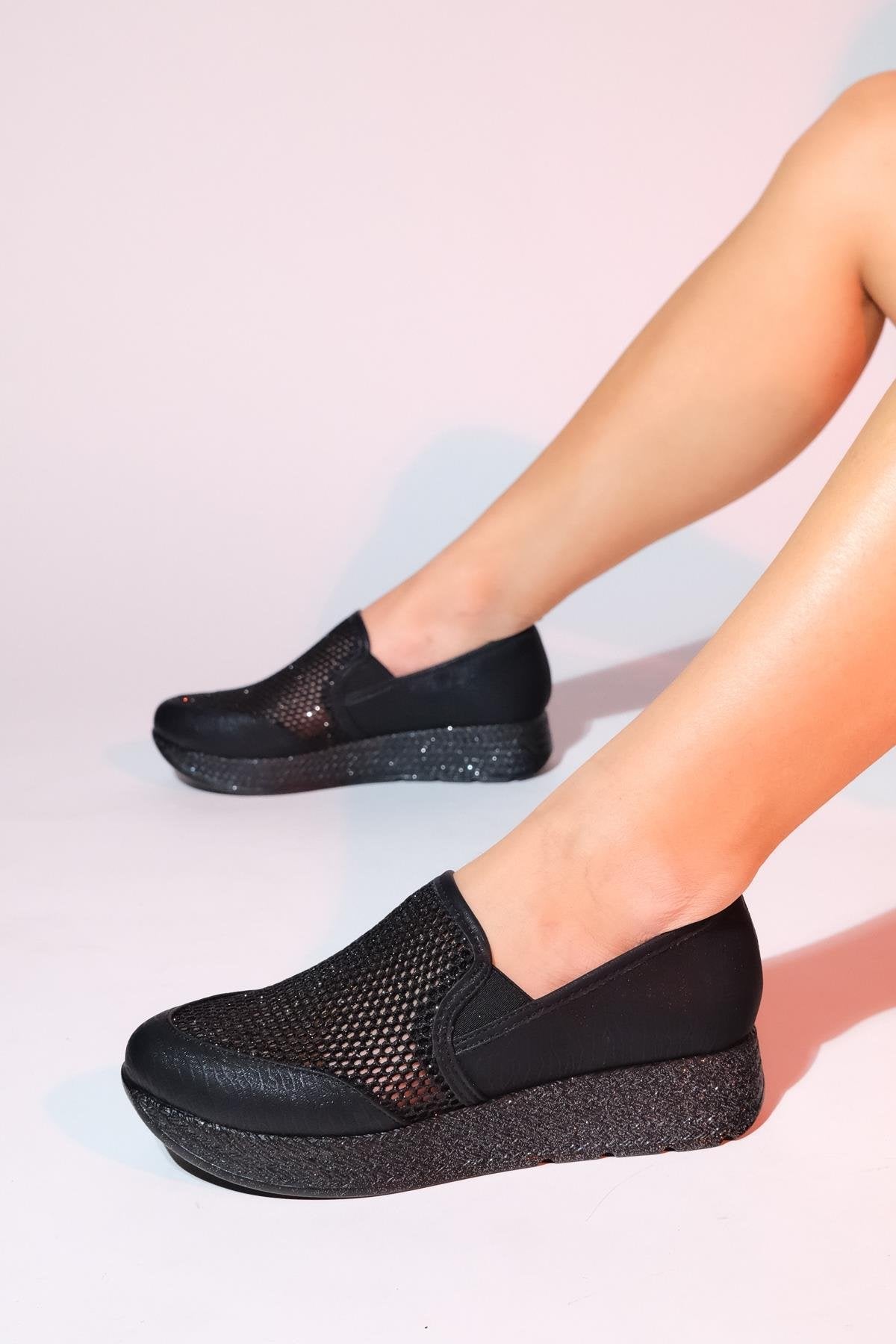 Purcan - Black Glitter Mesh Chunky Sole Casual Shoe (Women)