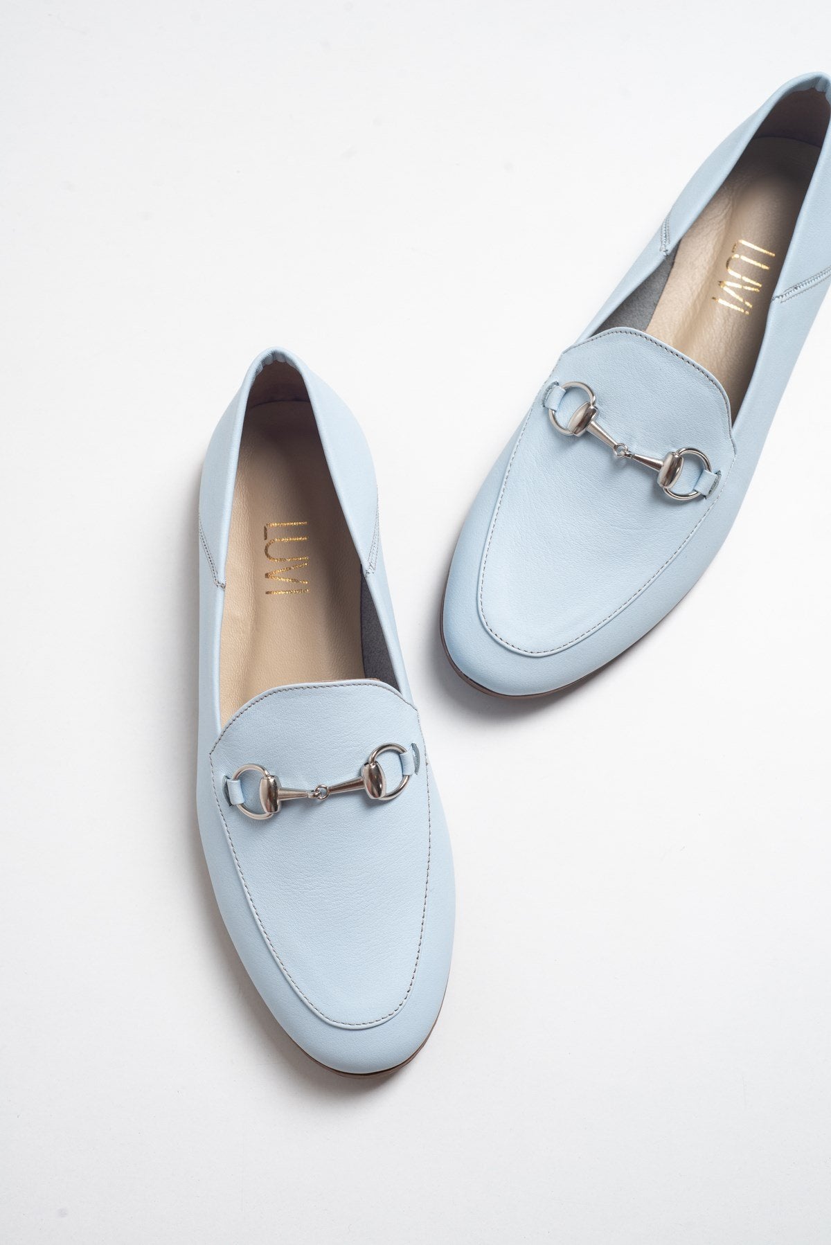 Penny - Baby Blue Leather Horsebit Loafers