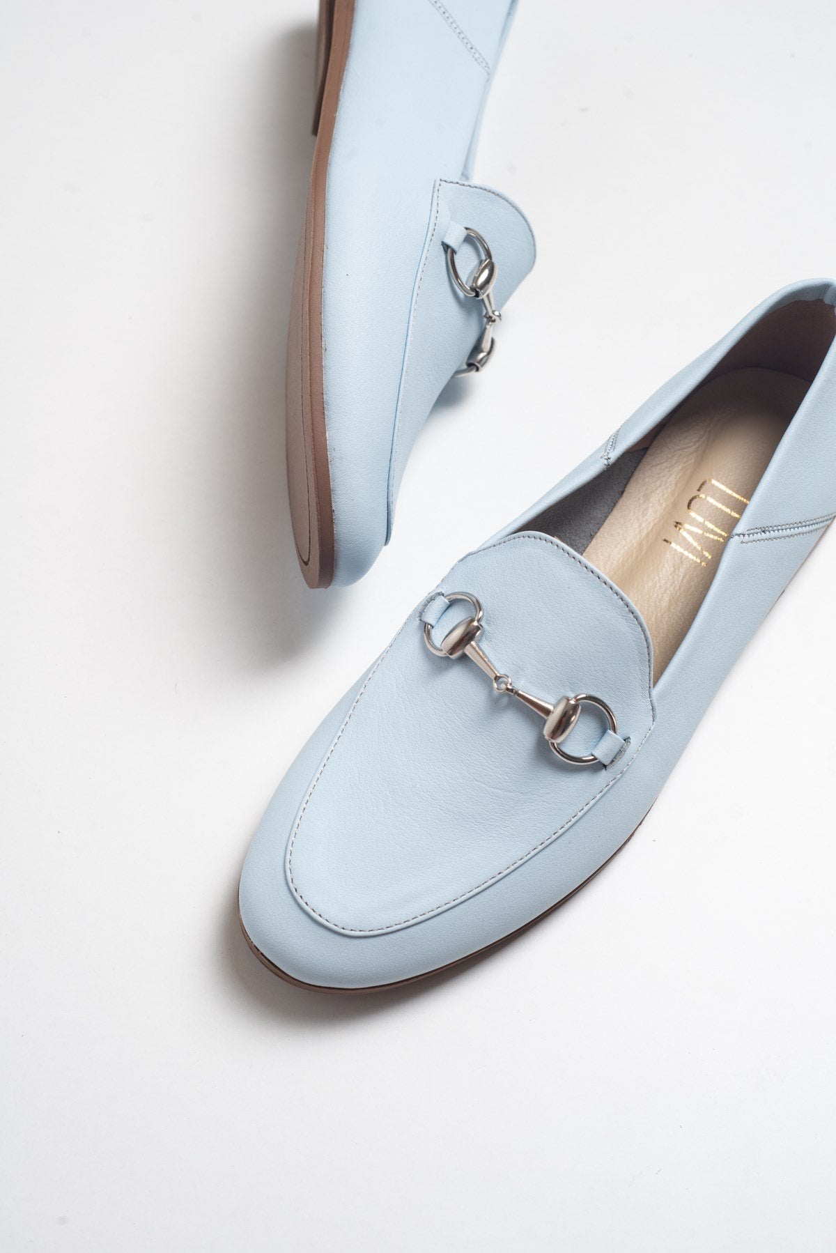 Penny - Baby Blue Leather Horsebit Loafers