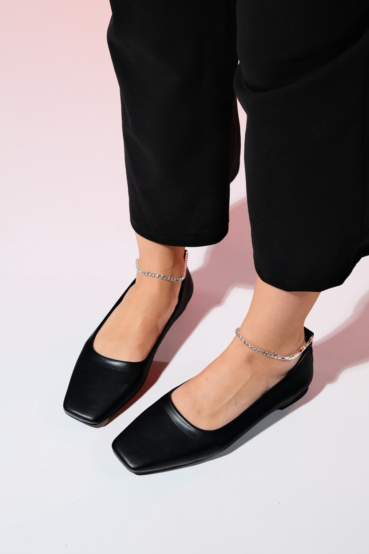 Pohan - Black Genuine Leather Stone-Embellished Ballet Flat (Women)