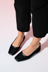 Pohan - Black Genuine Leather Stone-Embellished Ballet Flat (Women)