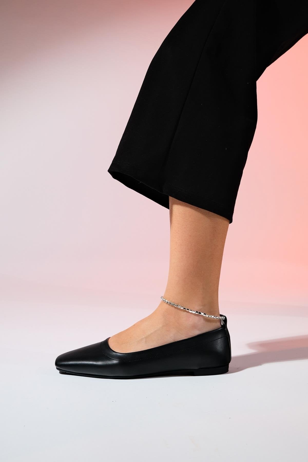 Pohan - Black Genuine Leather Stone-Embellished Ballet Flat (Women)