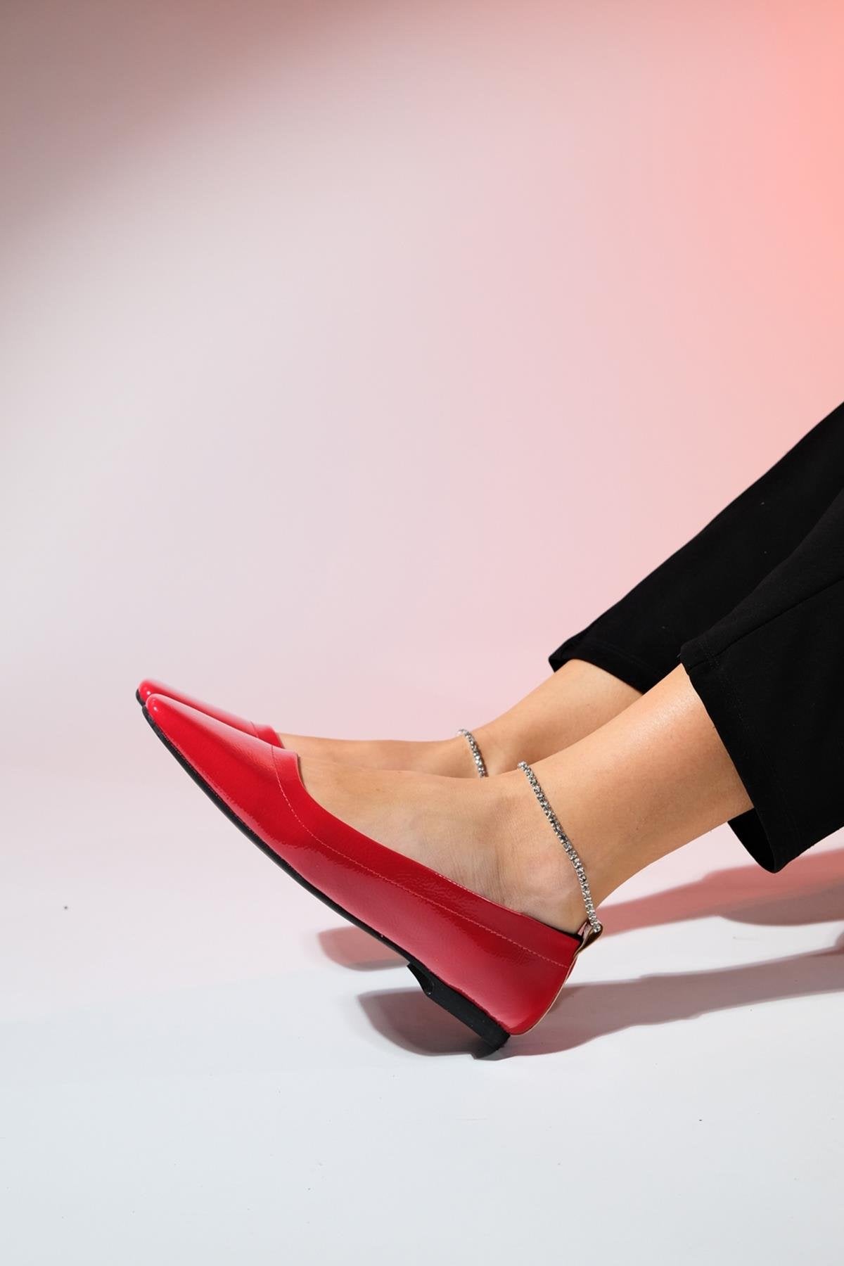Pohan - Red Genuine Leather Patent Stone-Embellished Ballet Flat (Women)