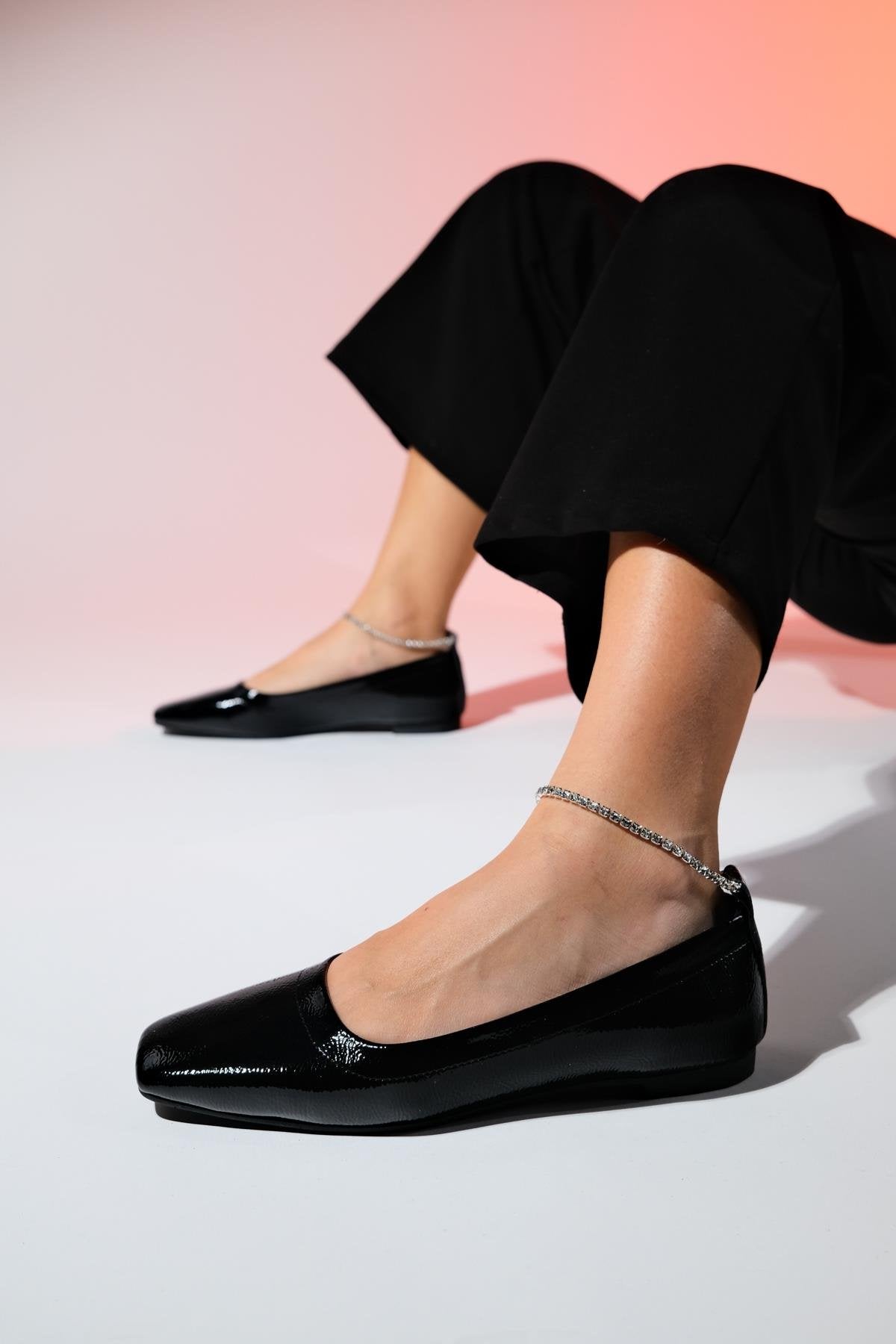 Pohan - Black Genuine Leather Patent Stone-Embellished Ballet Flat (Women)