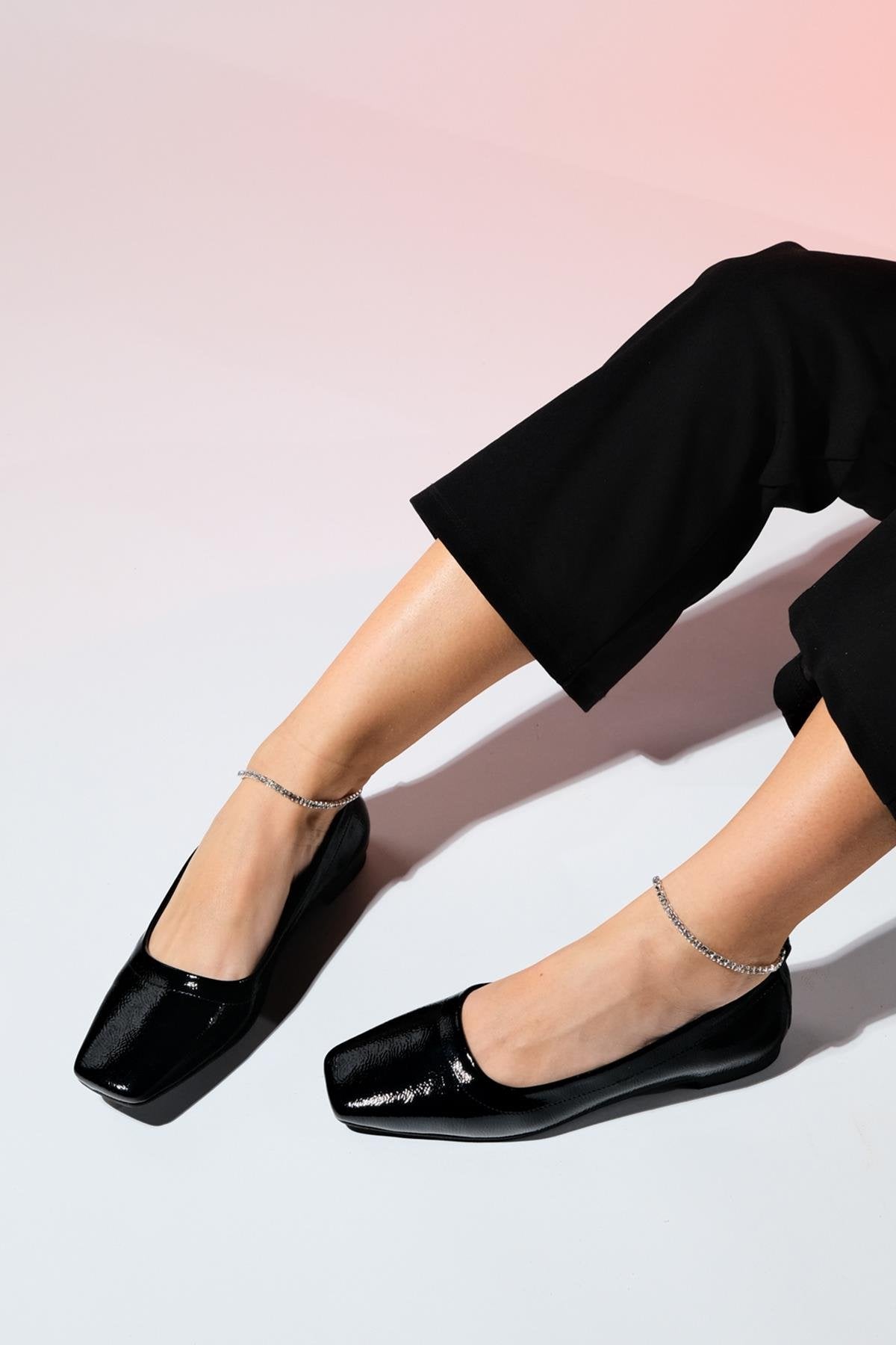 Pohan - Black Genuine Leather Patent Stone-Embellished Ballet Flat (Women)