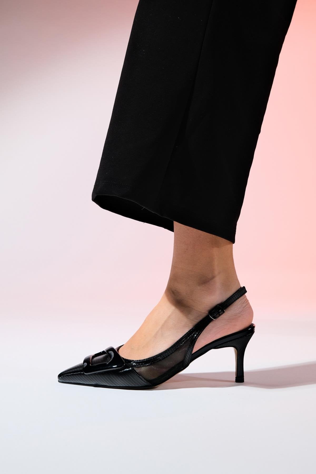 Foley - Black Patent Striped Pointed Toe Backless Stiletto Pump (Women)