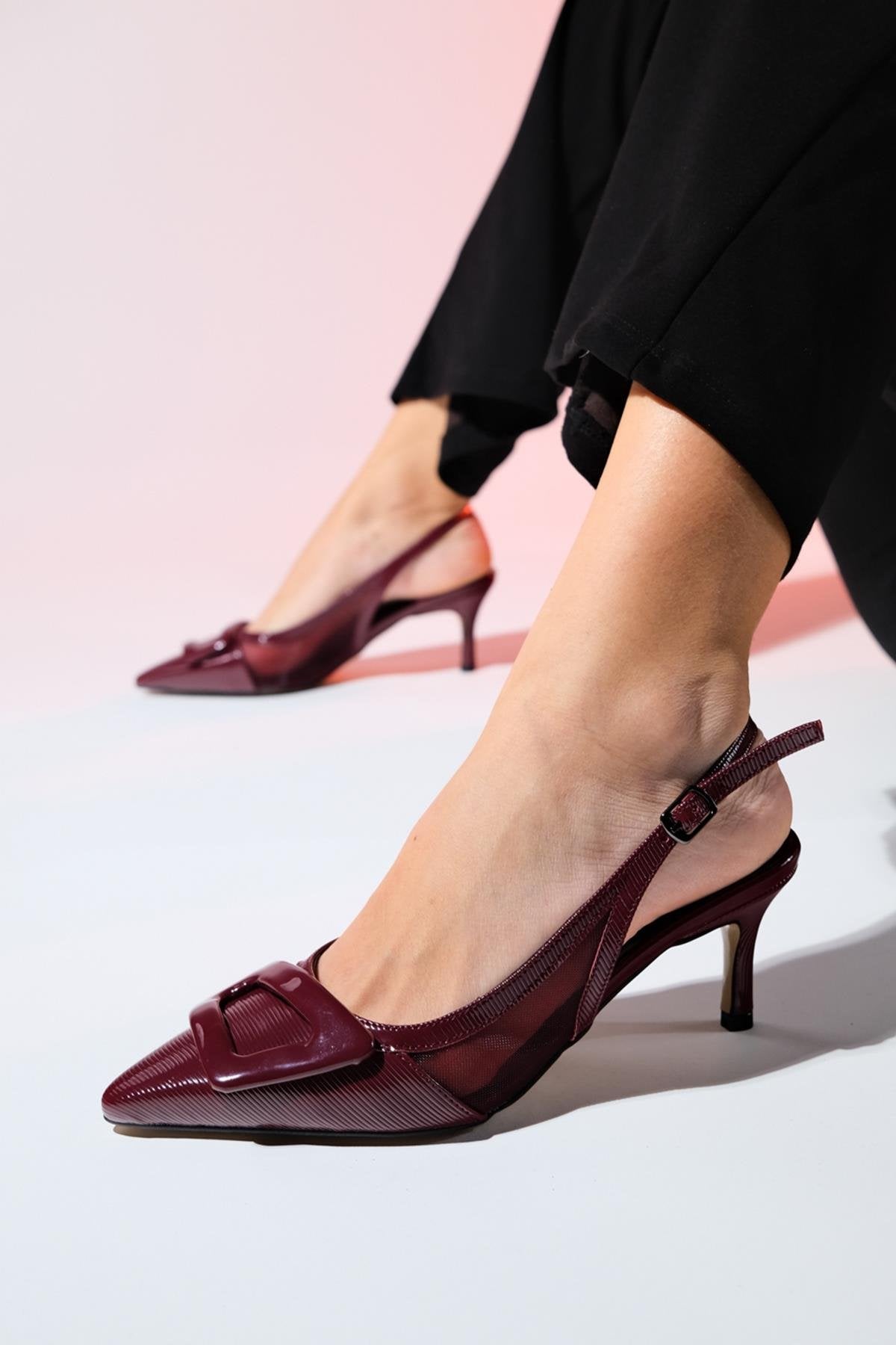 Foley - Burgundy Patent Striped Pointed Toe Backless Stiletto Pump (Women)