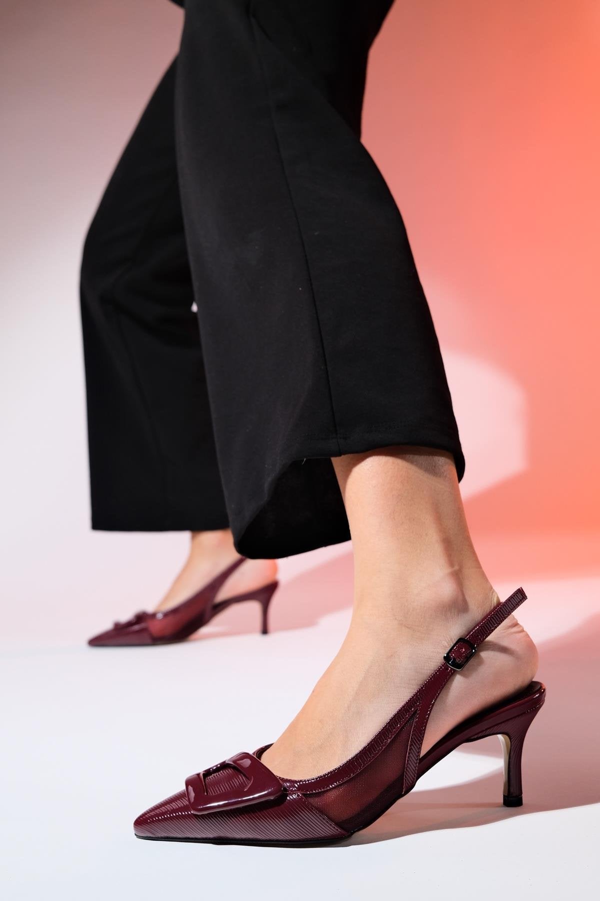 Foley - Burgundy Patent Striped Pointed Toe Backless Stiletto Pump (Women)