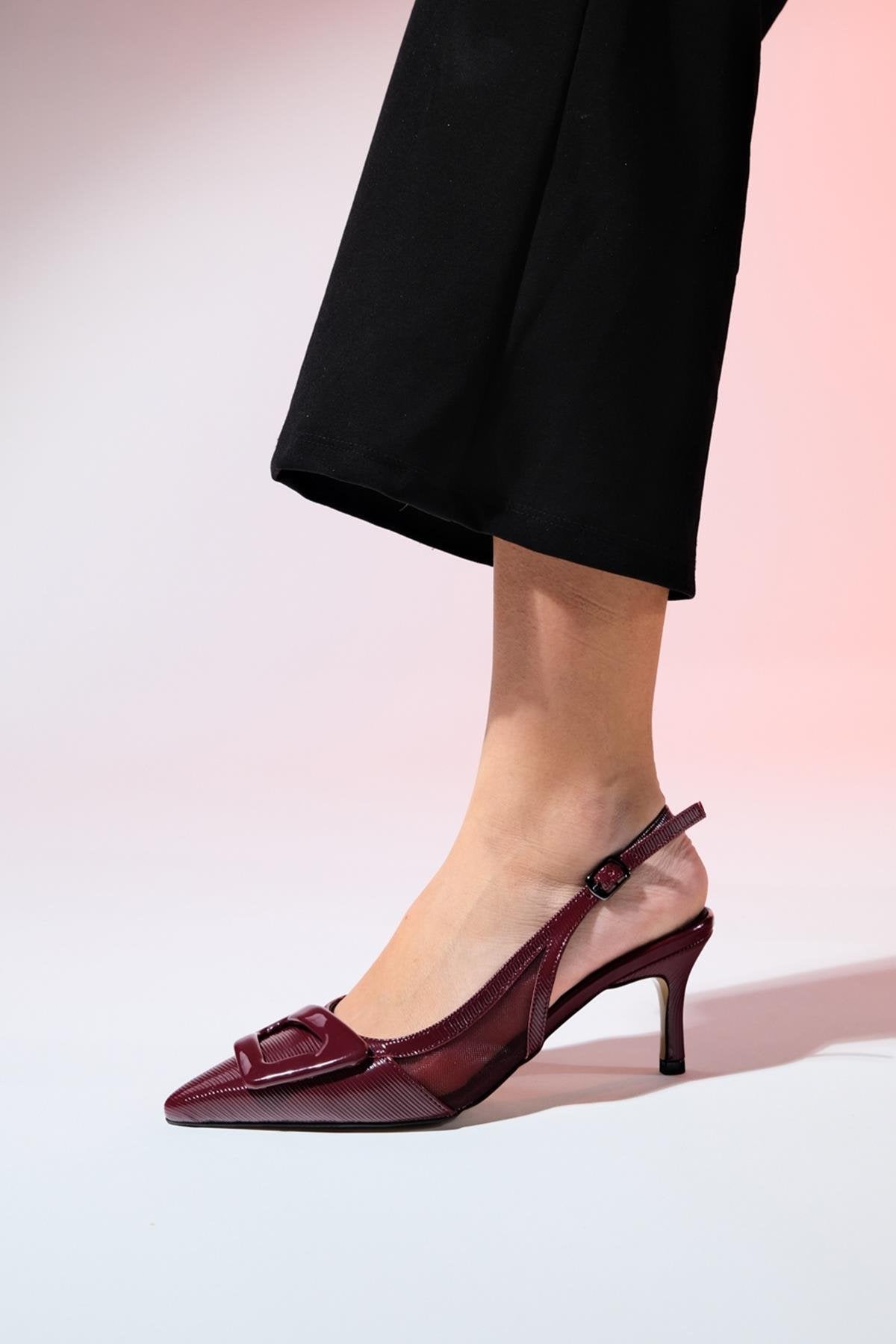 Foley - Burgundy Patent Striped Pointed Toe Backless Stiletto Pump (Women)