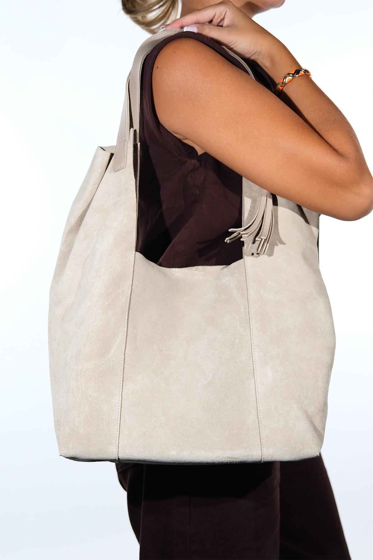Orlitha - Beige Genuine Suede Leather Shoulder Bag (Women)