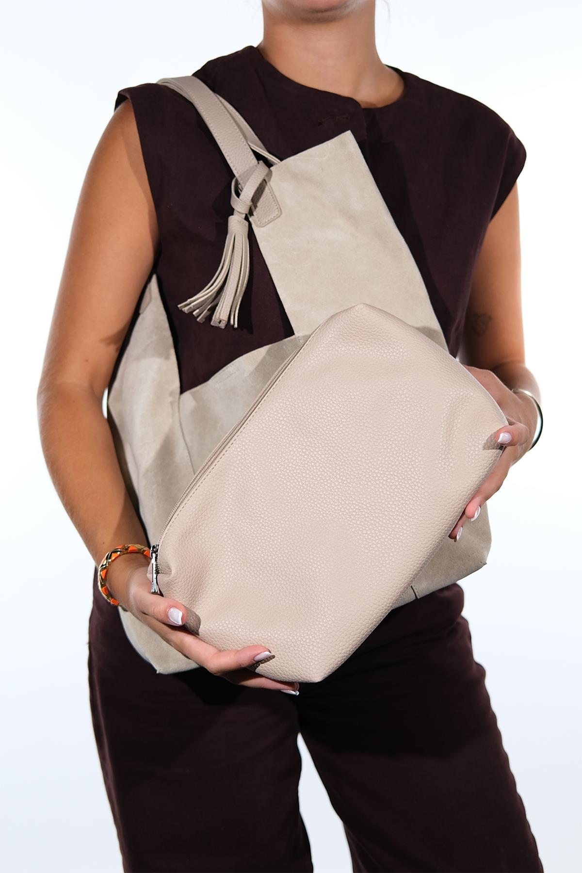 Orlitha - Beige Genuine Suede Leather Shoulder Bag (Women)