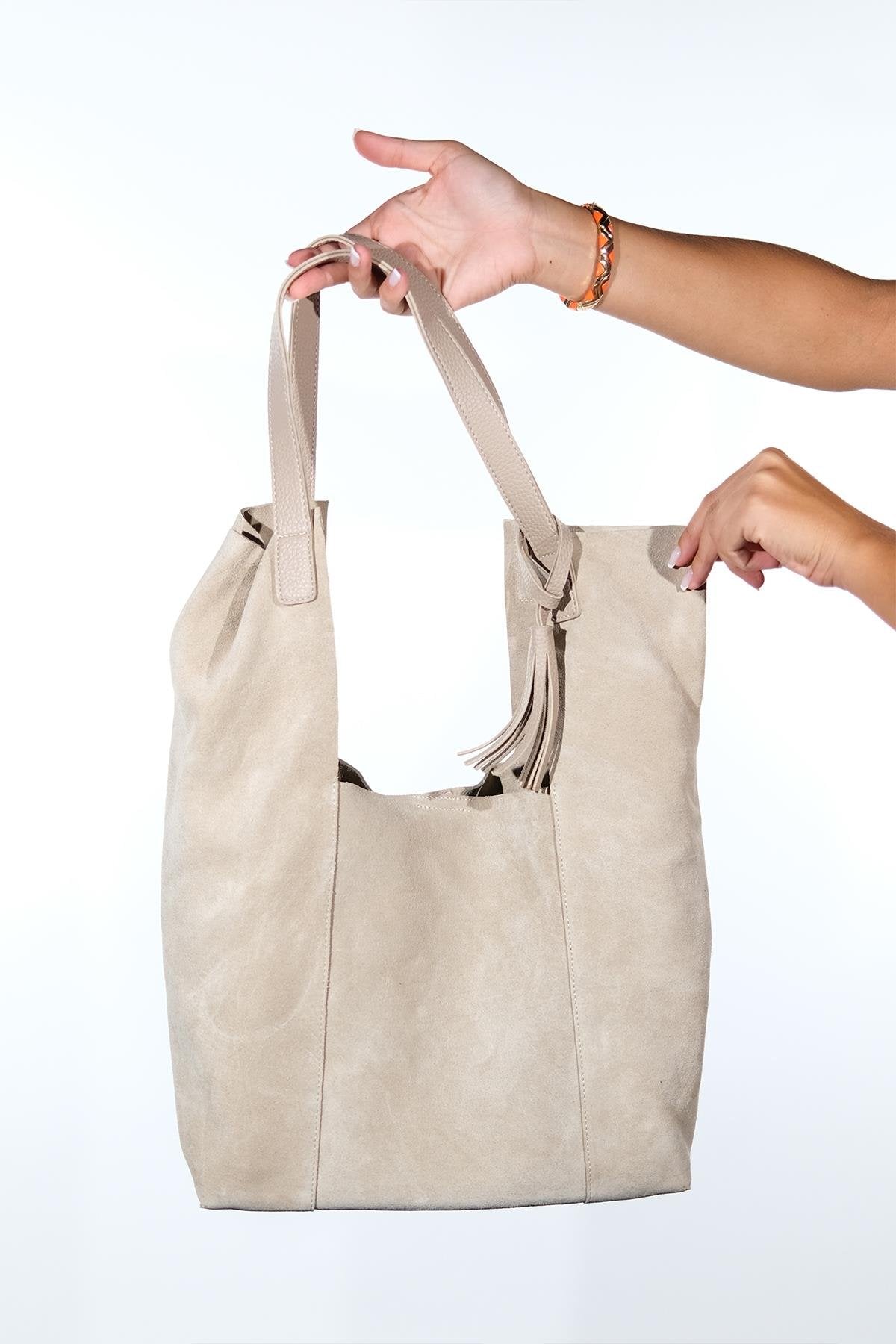 Orlitha - Beige Genuine Suede Leather Shoulder Bag (Women)