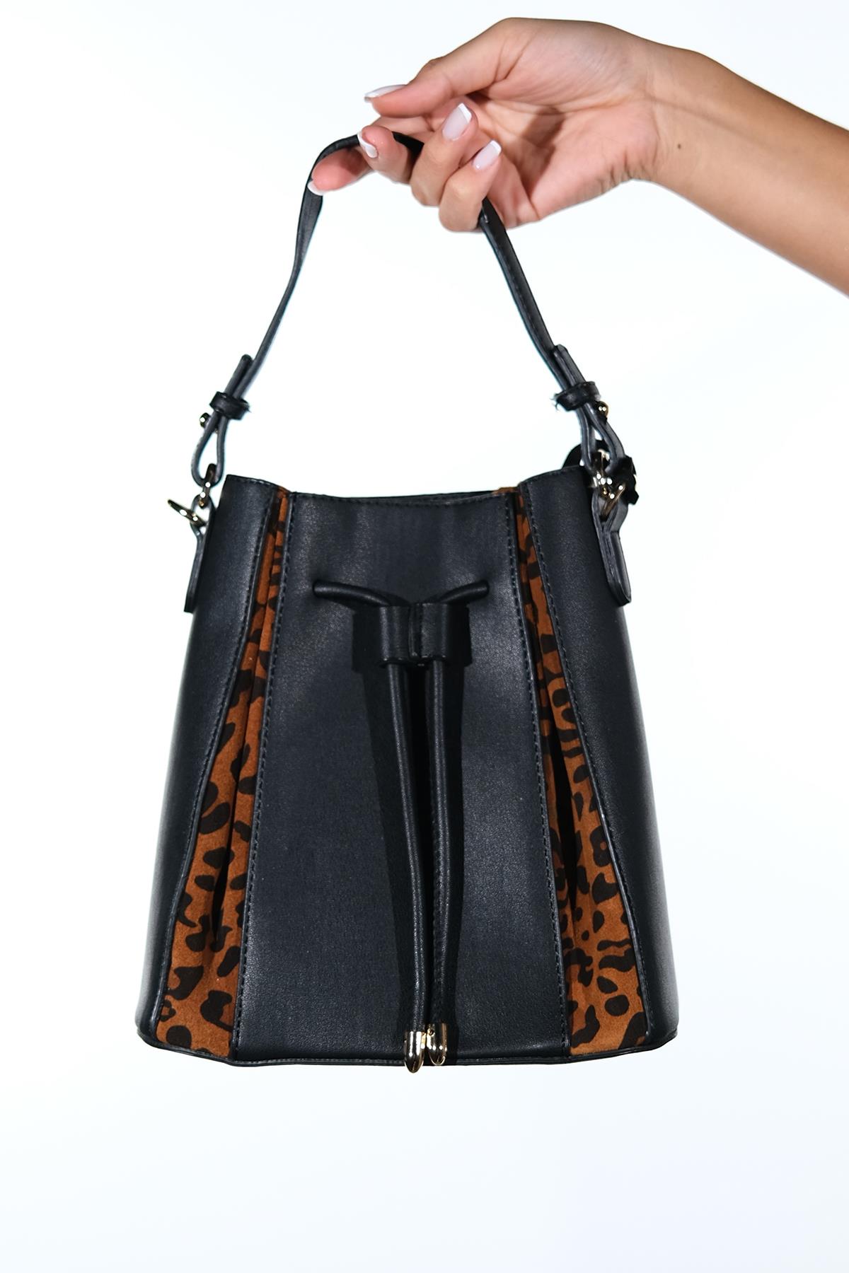 MARALIS - Black Cognac Patterned Genuine Suede Leather Shoulder Bag (Women)