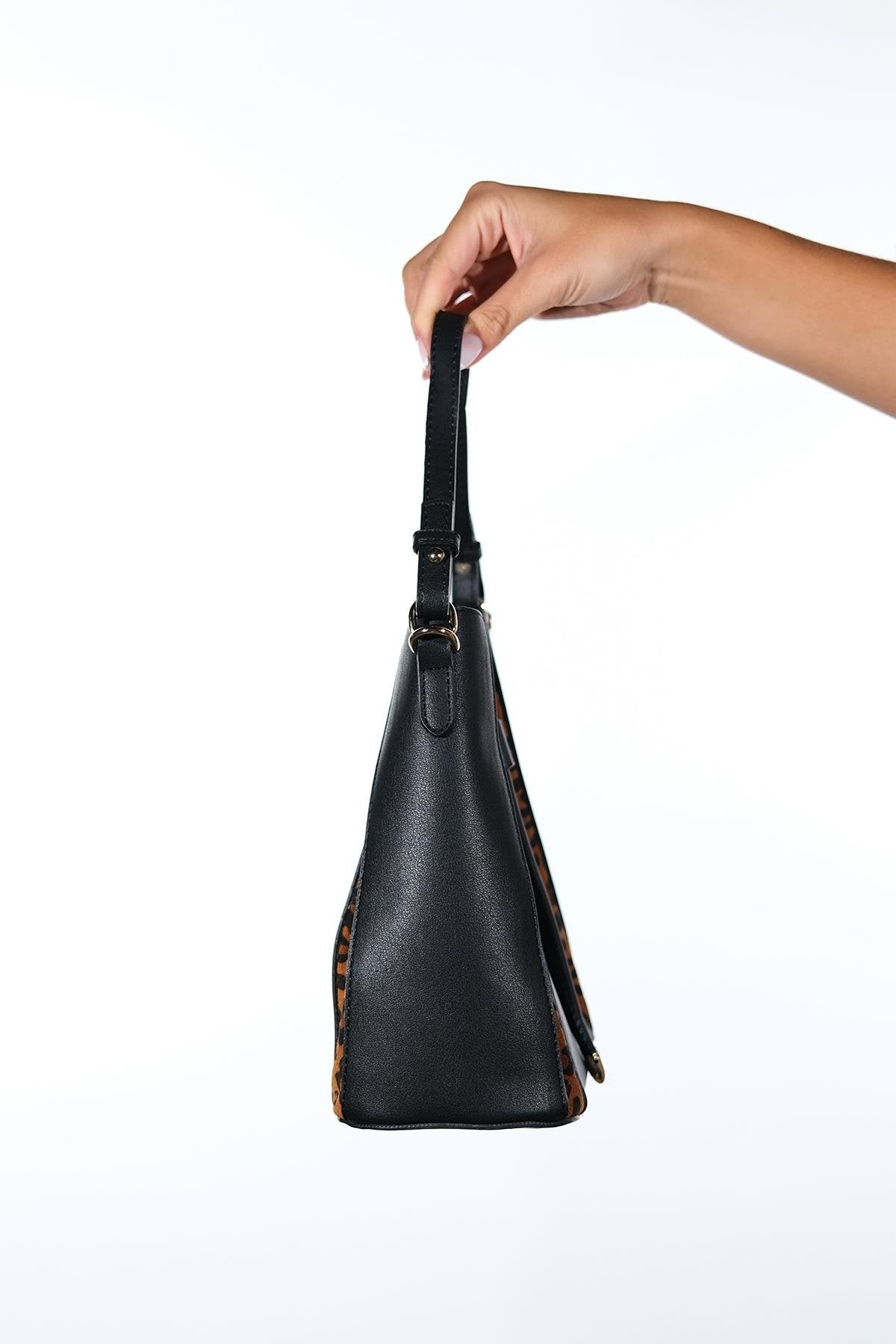 MARALIS - Black Cognac Patterned Genuine Suede Leather Shoulder Bag (Women)