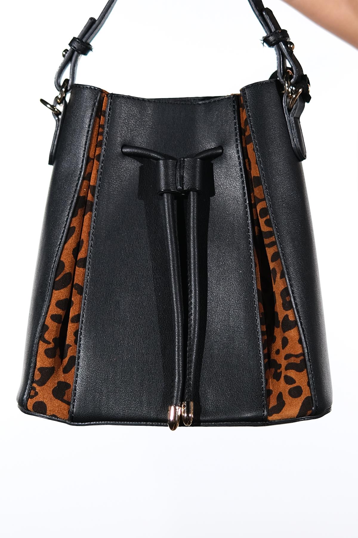 MARALIS - Black Cognac Patterned Genuine Suede Leather Shoulder Bag (Women)